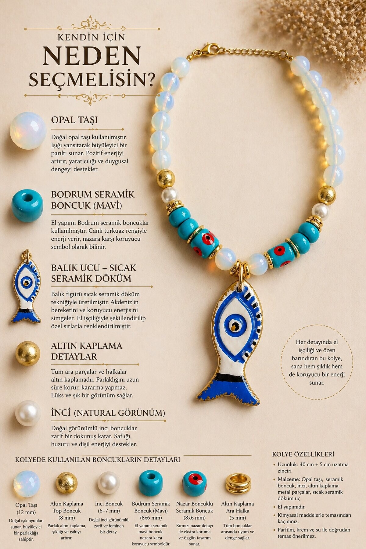 Bodrum Cam Opal  Etnik Kolye