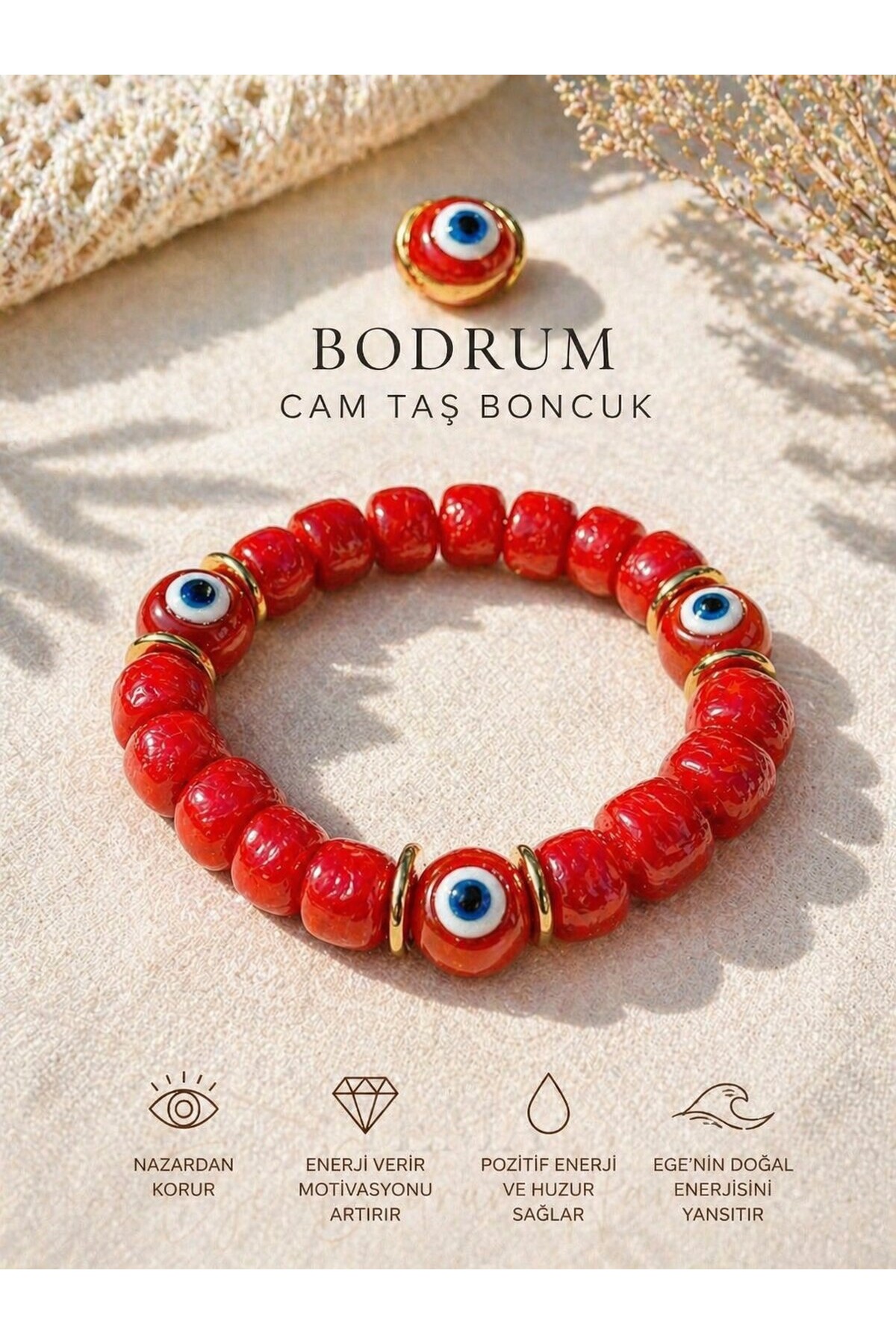 Bodrum Cam Taş Kırmızı Boncuk Bilezik