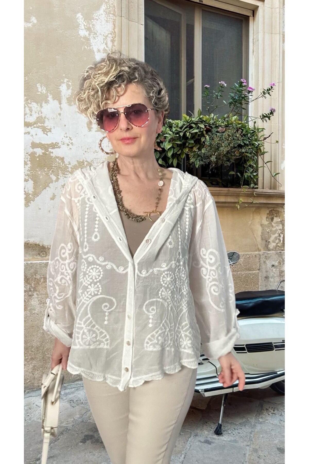 Bohho İthal Kapüşonlu Nakışlı Gömlek Ceket Beyaz