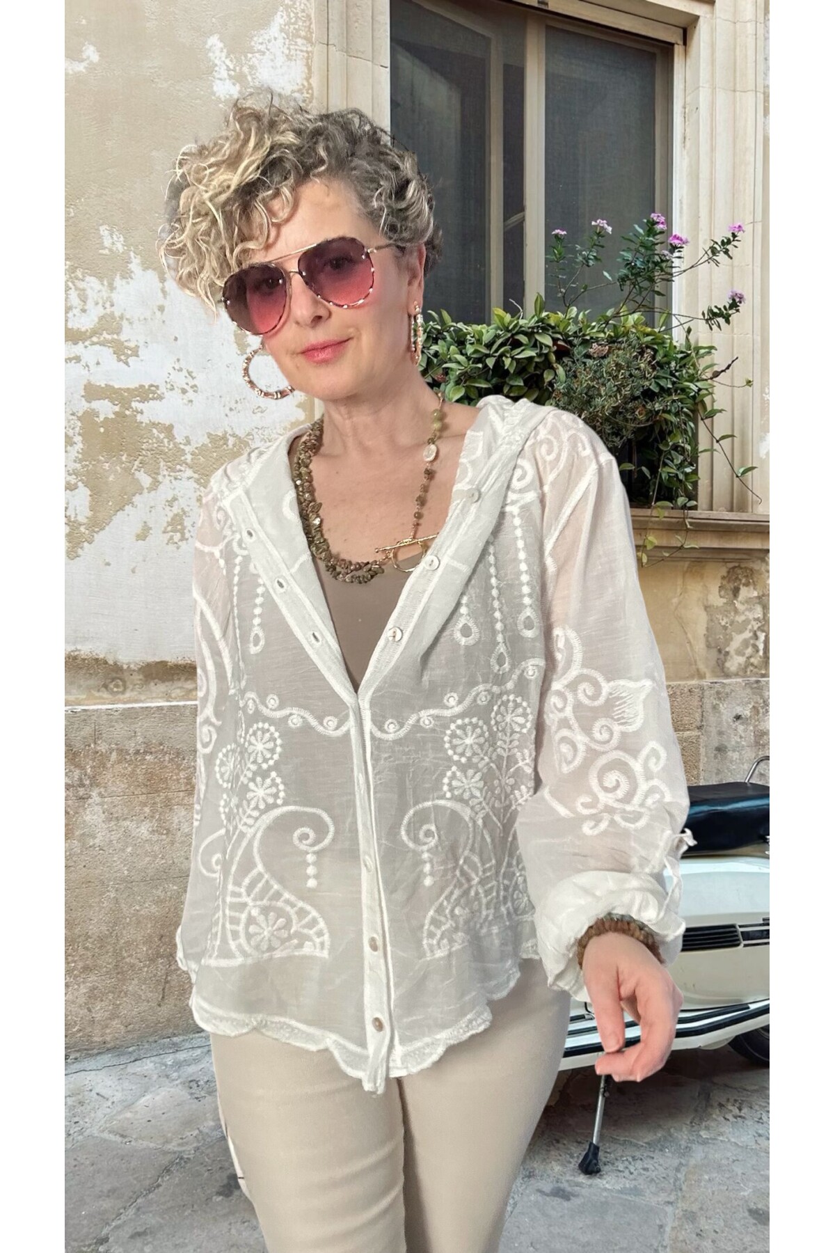 Bohho İthal Kapüşonlu Nakışlı Gömlek Ceket Beyaz