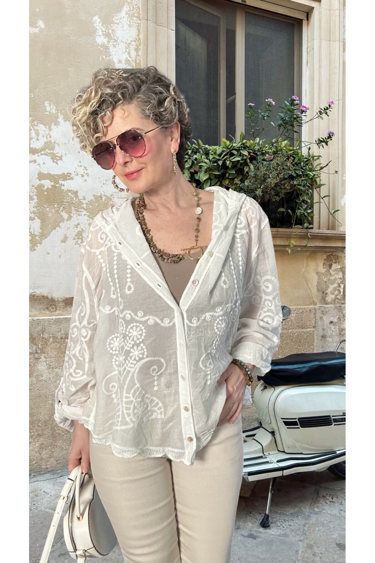 Bohho İthal Kapüşonlu Nakışlı Gömlek Ceket Beyaz