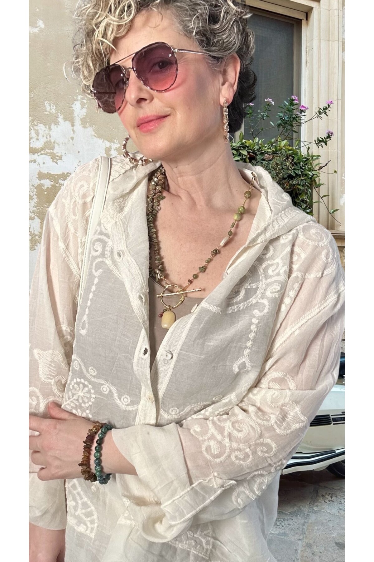 Bohho İthal Kapüşonlu Nakışlı Gömlek Ceket Ekru