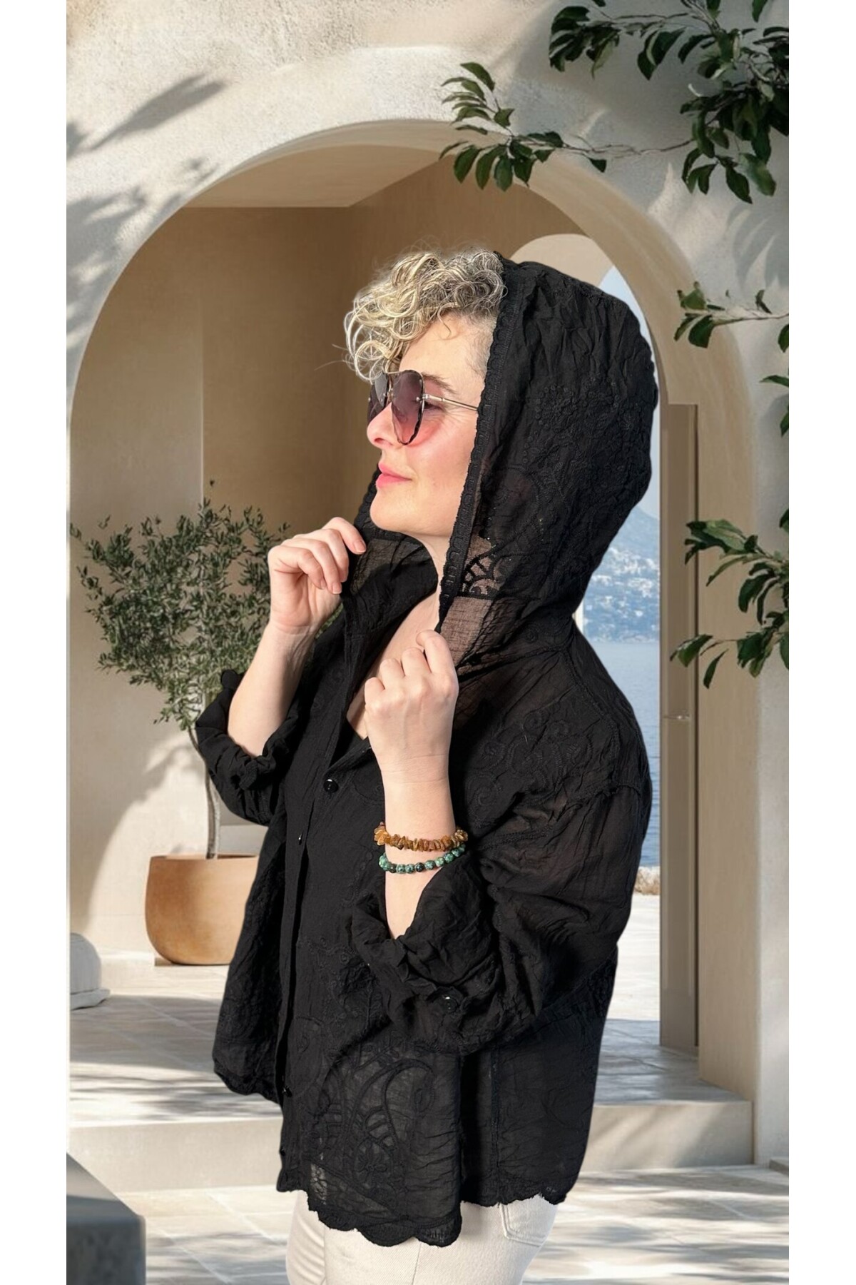 Bohho İthal Kapüşonlu Nakışlı Gömlek Ceket Siyah