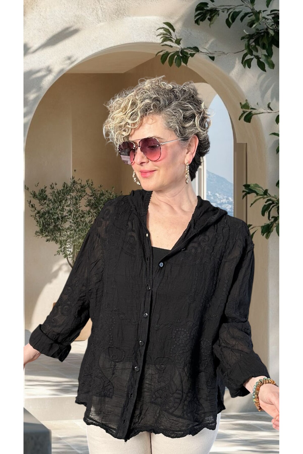 Bohho İthal Kapüşonlu Nakışlı Gömlek Ceket Siyah