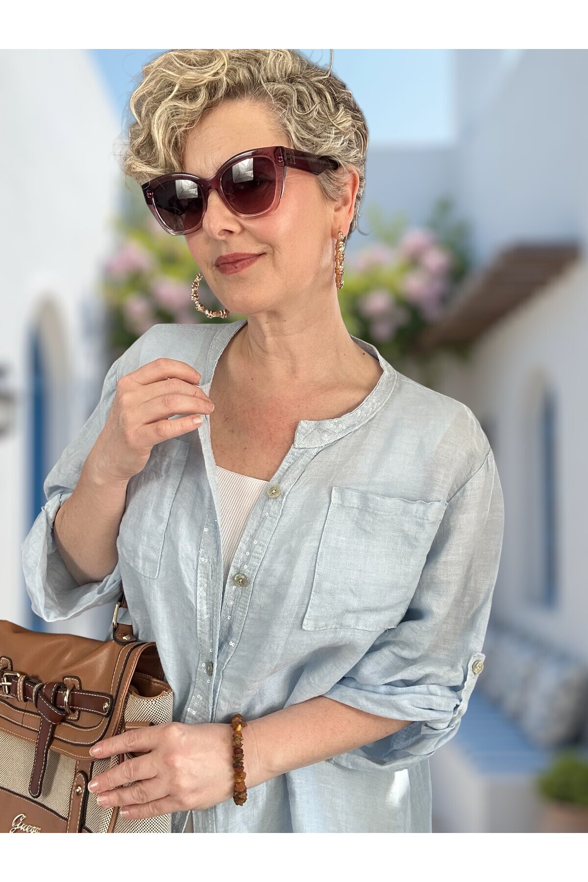 Brezza Payet İşlemeli & Sırtı Güpürlü Premium Linen Gömlek Bebe Mavi