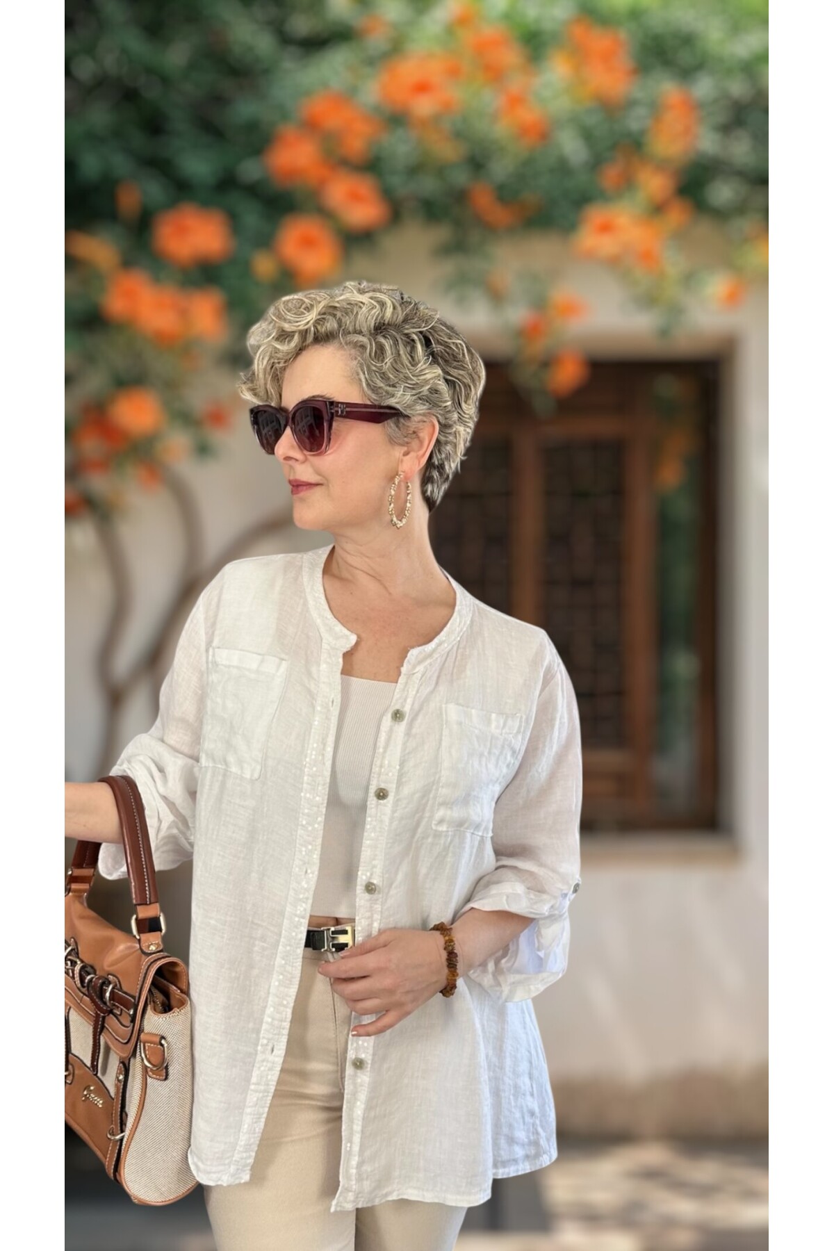 Brezza Payet İşlemeli & Sırtı Güpürlü Premium Linen Gömlek Beyaz