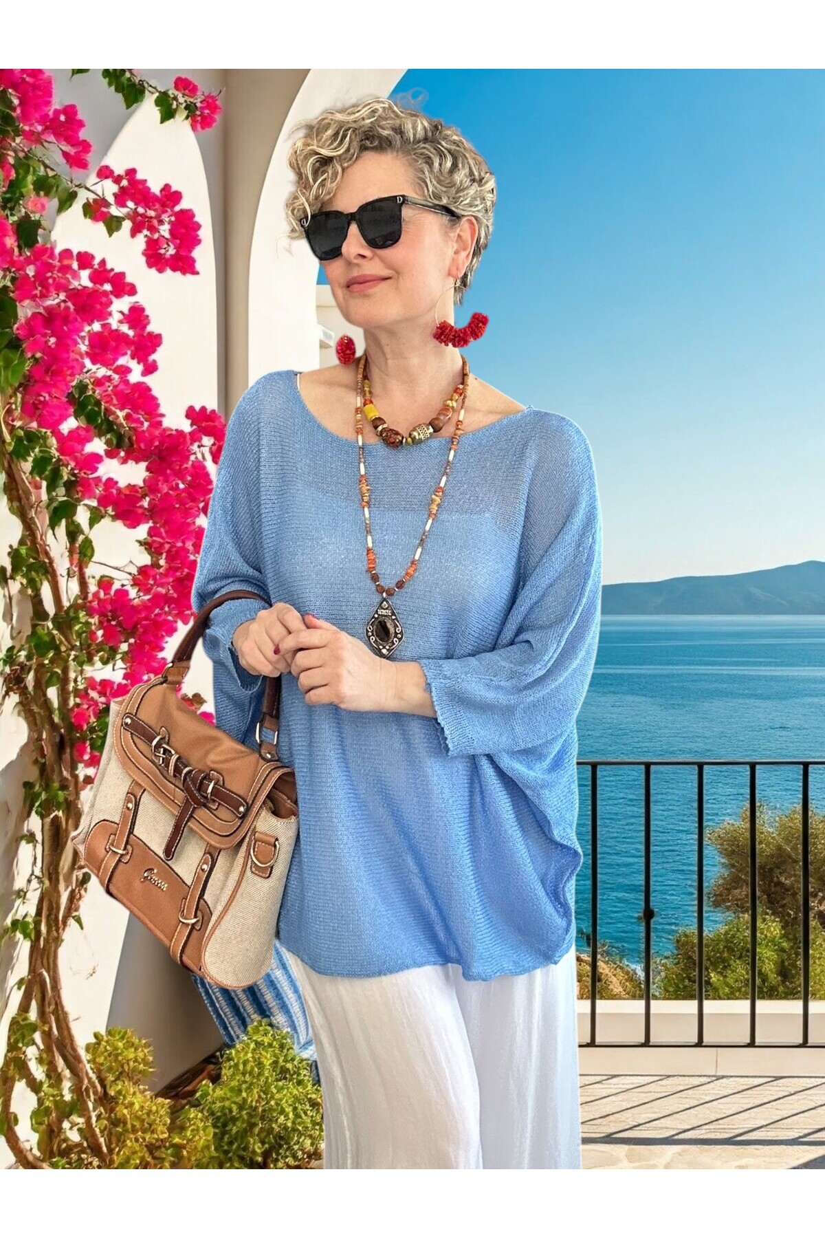 Busse Kayık Yaka Salaş Merserize Bluz Açık Mavi