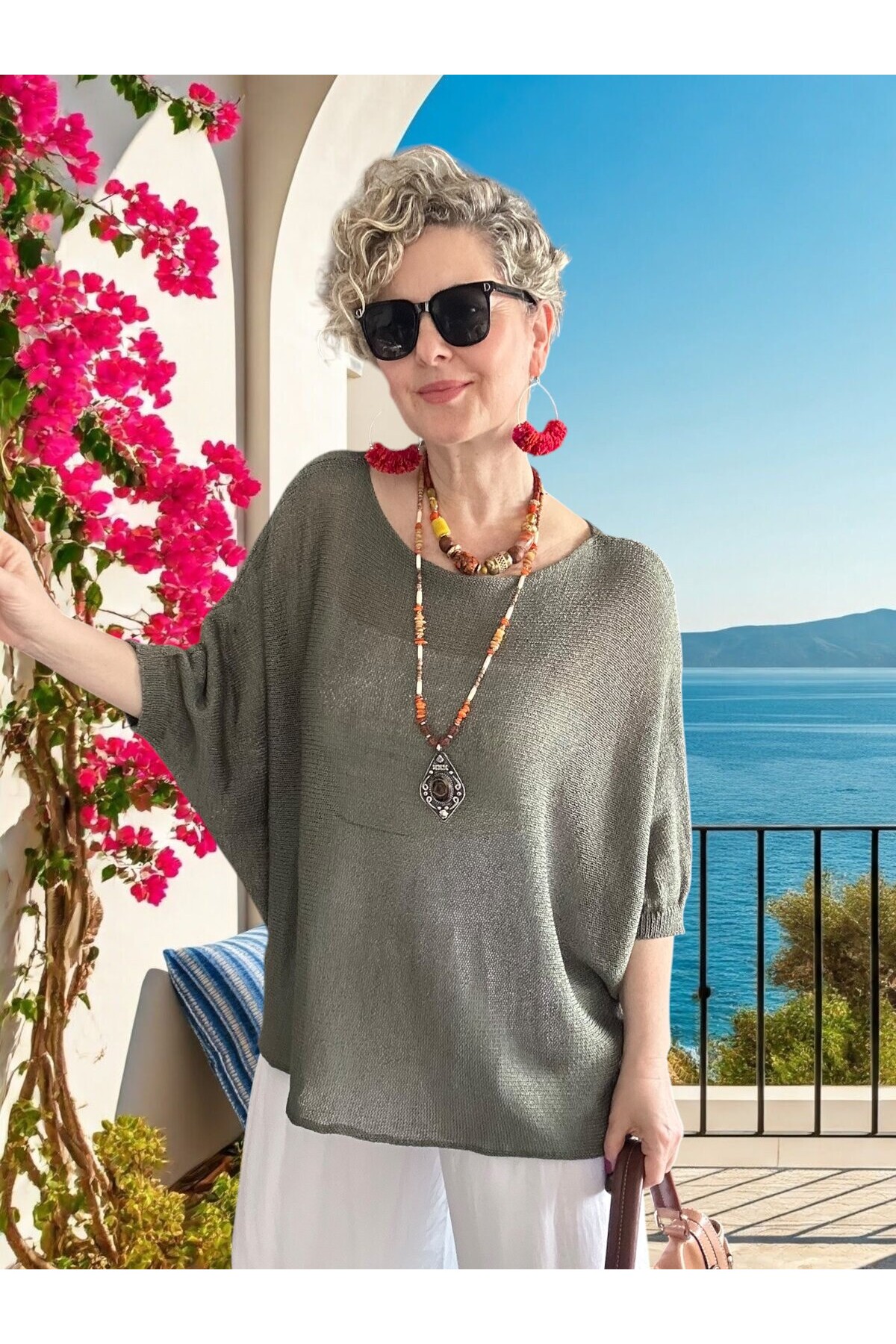 Busse Kayık Yaka Salaş Merserize Bluz Haki