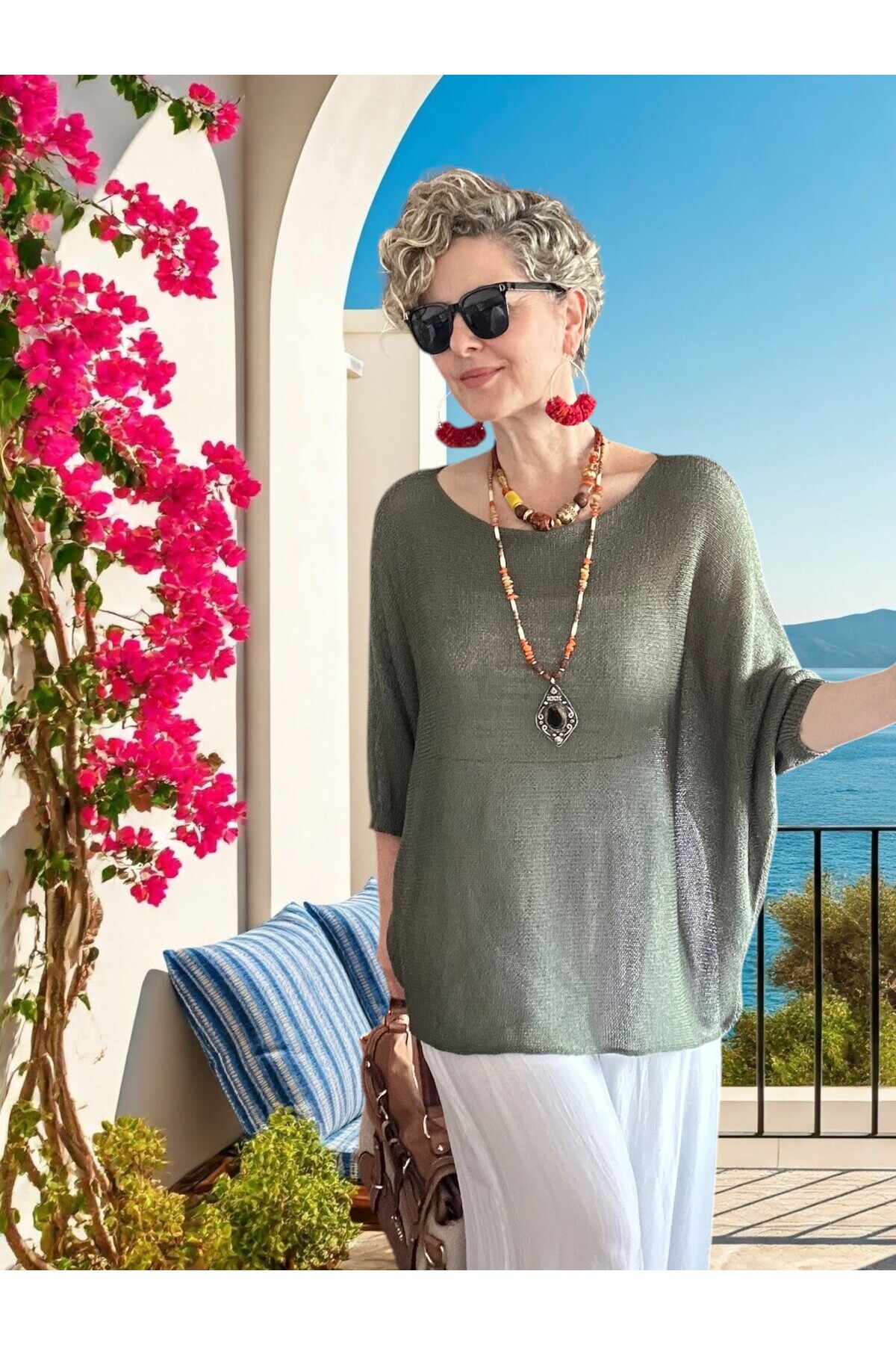 Busse Kayık Yaka Salaş Merserize Bluz Haki