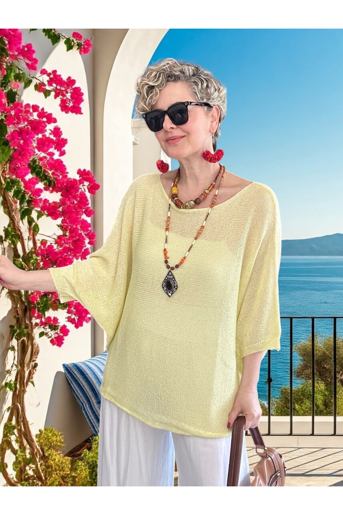 Busse Kayık Yaka Salaş Merserize Bluz Sarı