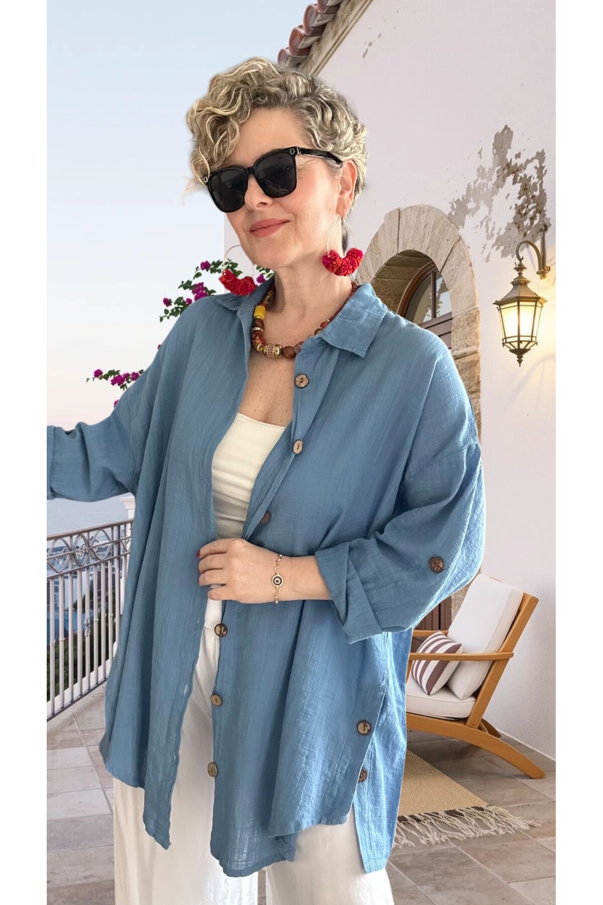 Clara Yan Düğme Detaylı Pamuklu Truvakar Tunik Gömlek İndigo