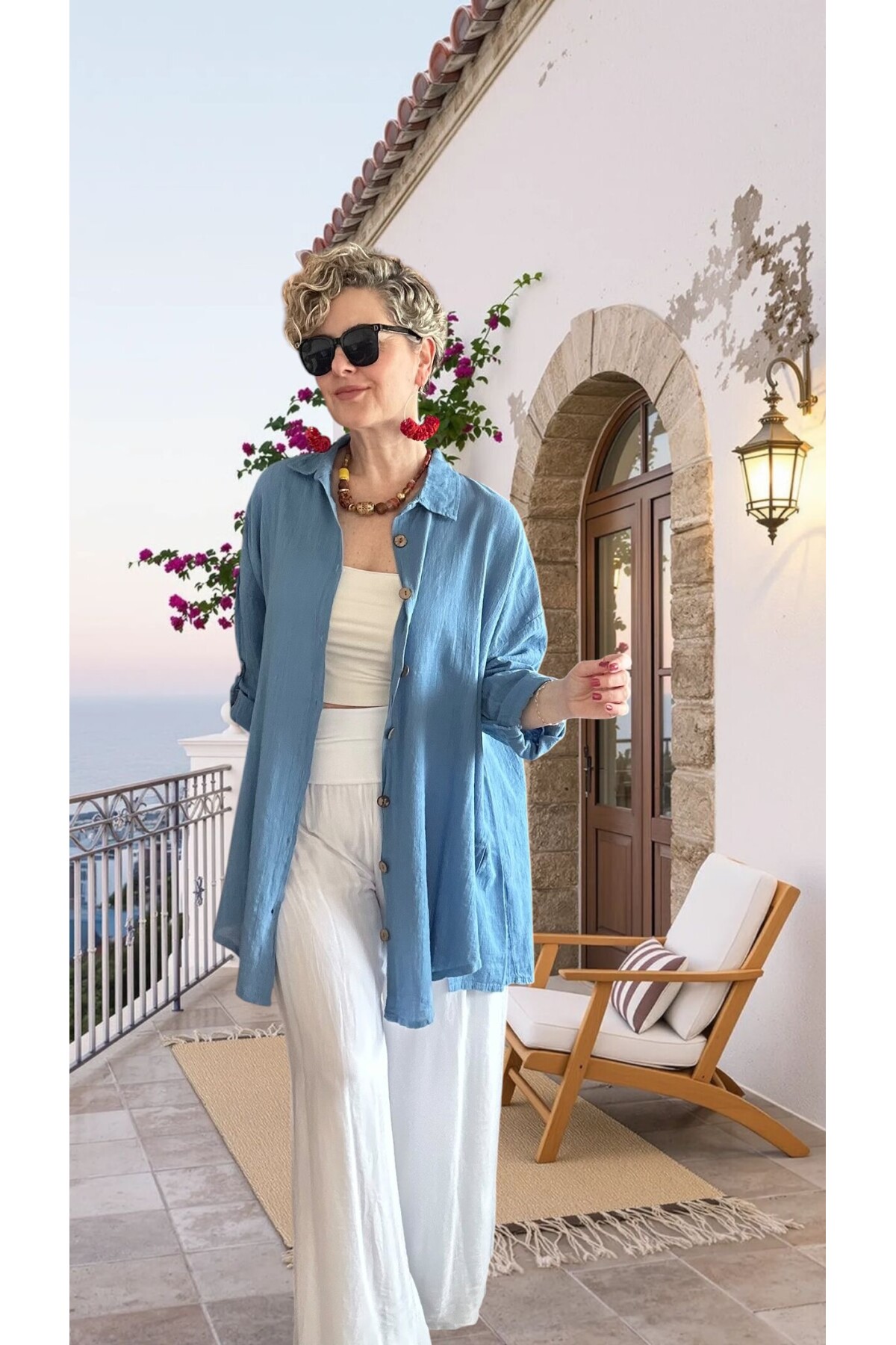 Clara Yan Düğme Detaylı Pamuklu Truvakar Tunik Gömlek İndigo