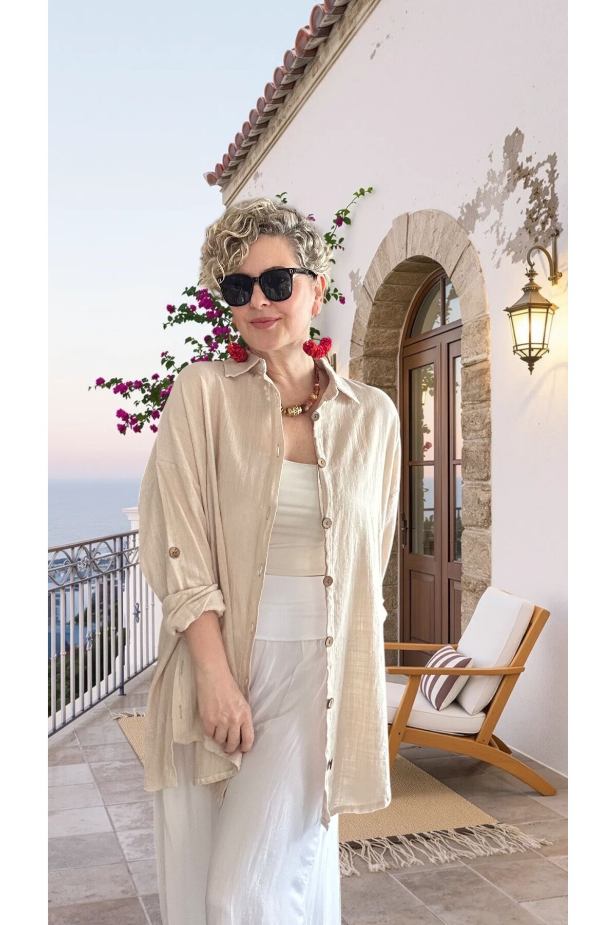 Clara Yan Düğme Detaylı Pamuklu Truvakar Tunik Gömlek Taş