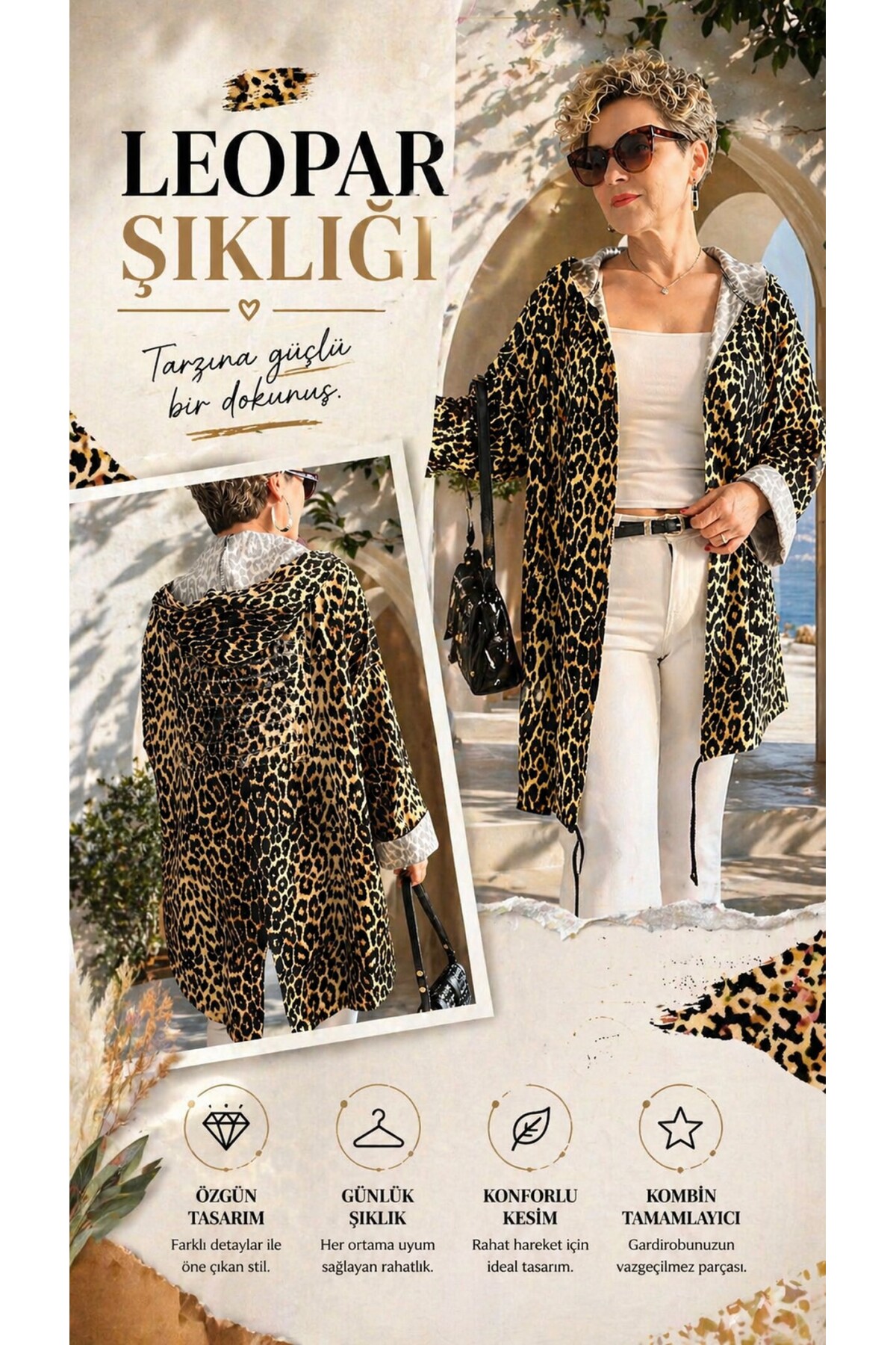 Dazza Tasarım Leopar Desen Sırt Pul Detay Ceket