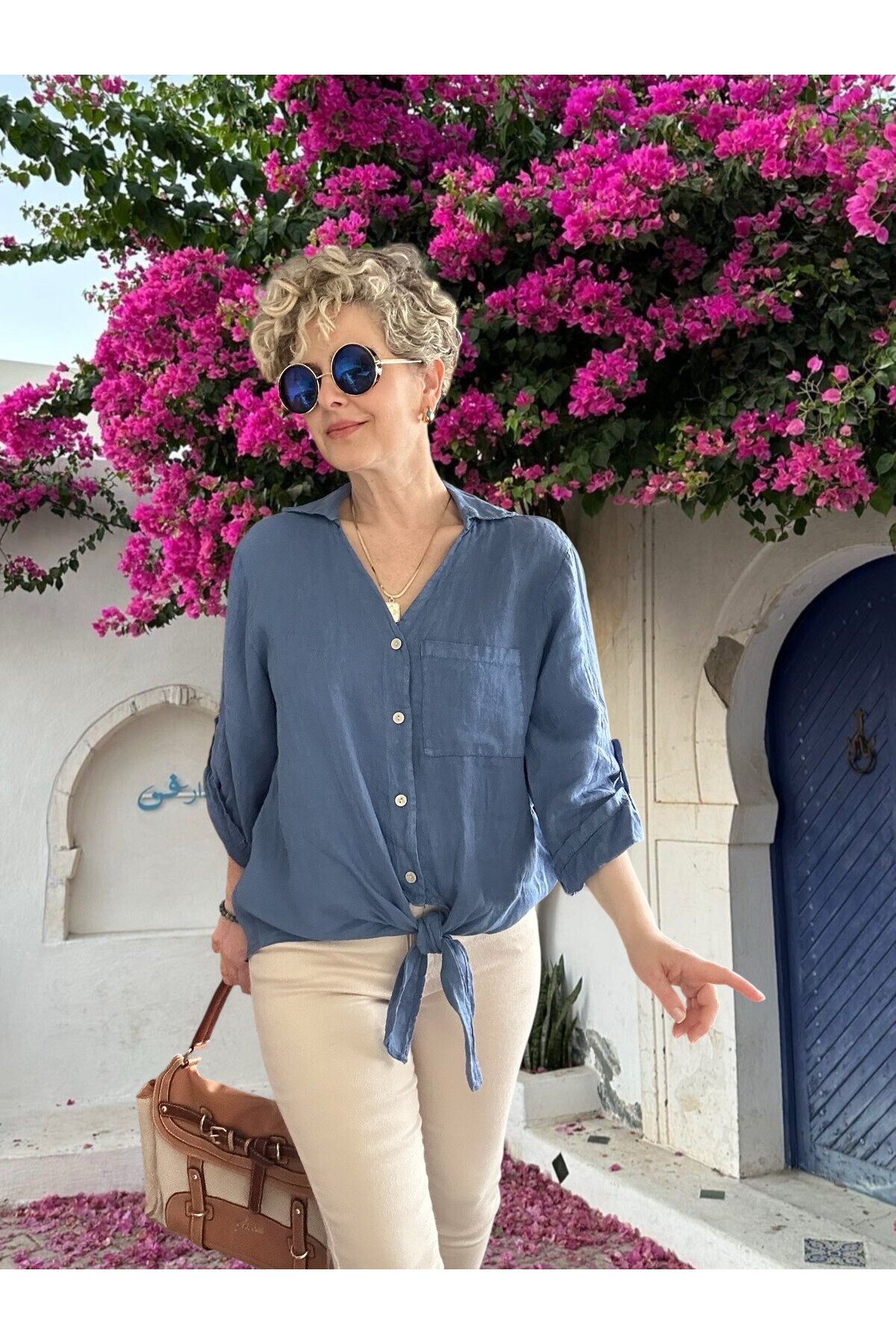 Della Sırt Brode İşlemeli İthal Keten Gömlek İndigo