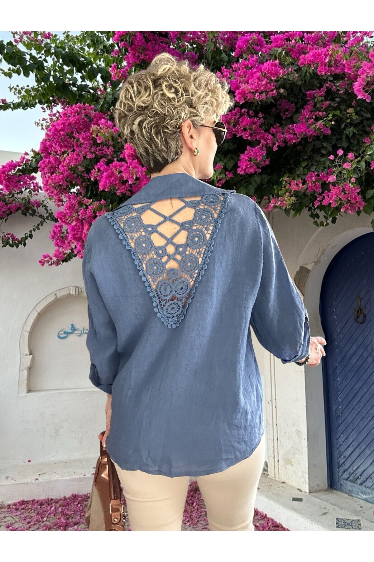 Della Sırt Brode İşlemeli İthal Keten Gömlek İndigo