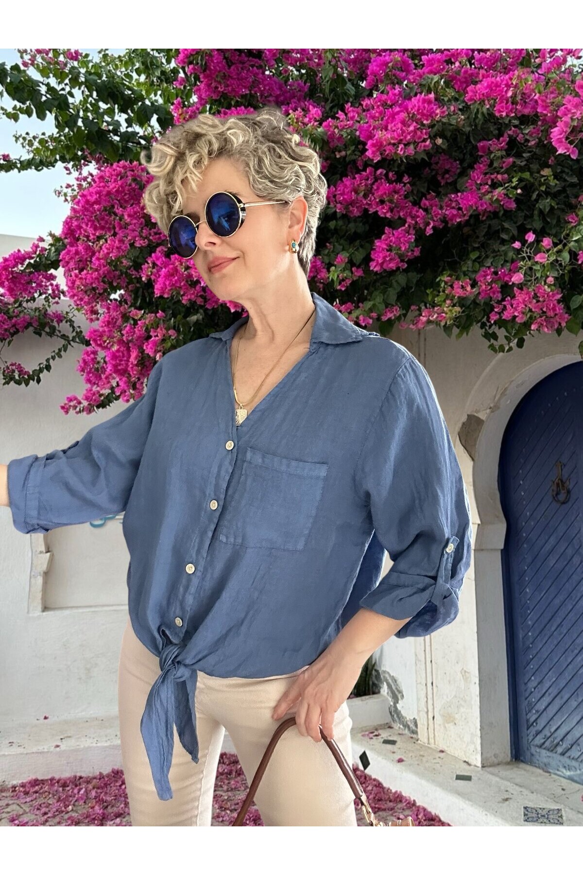 Della Sırt Brode İşlemeli İthal Keten Gömlek İndigo