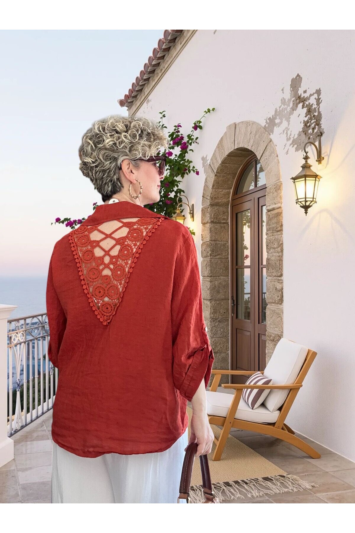 Della Sırt Brode İşlemeli İthal Keten Gömlek Kiremit