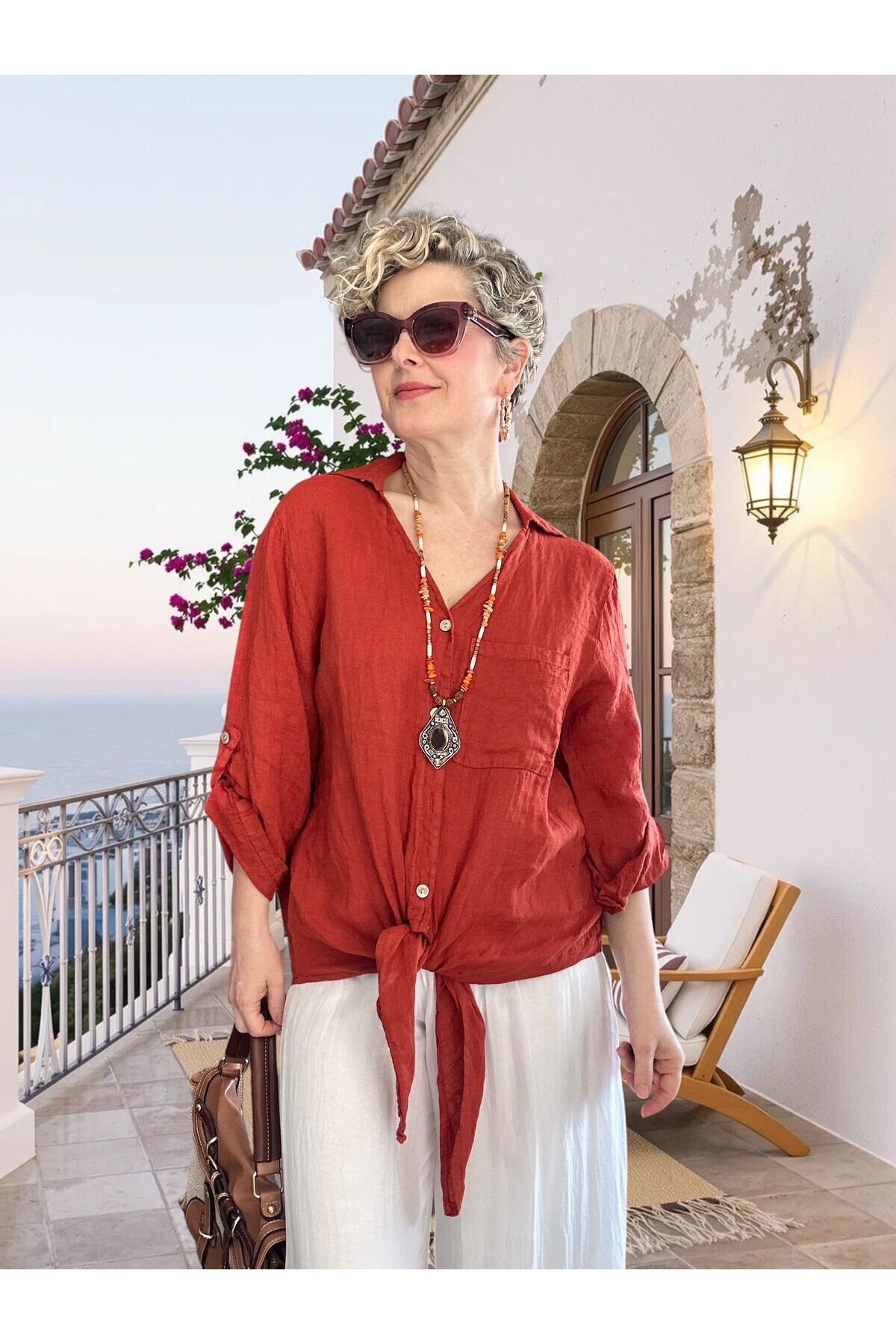 Della Sırt Brode İşlemeli İthal Keten Gömlek Kiremit