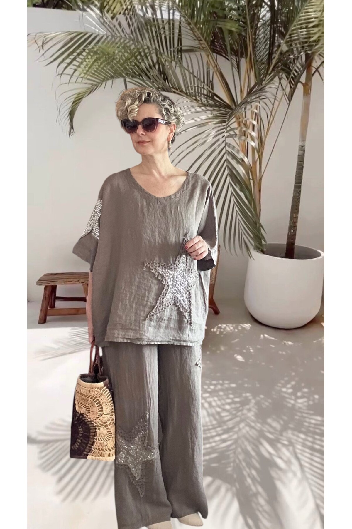 Dolce | Payet Yıldız Detaylı %100 Linen İkili Takım Fango