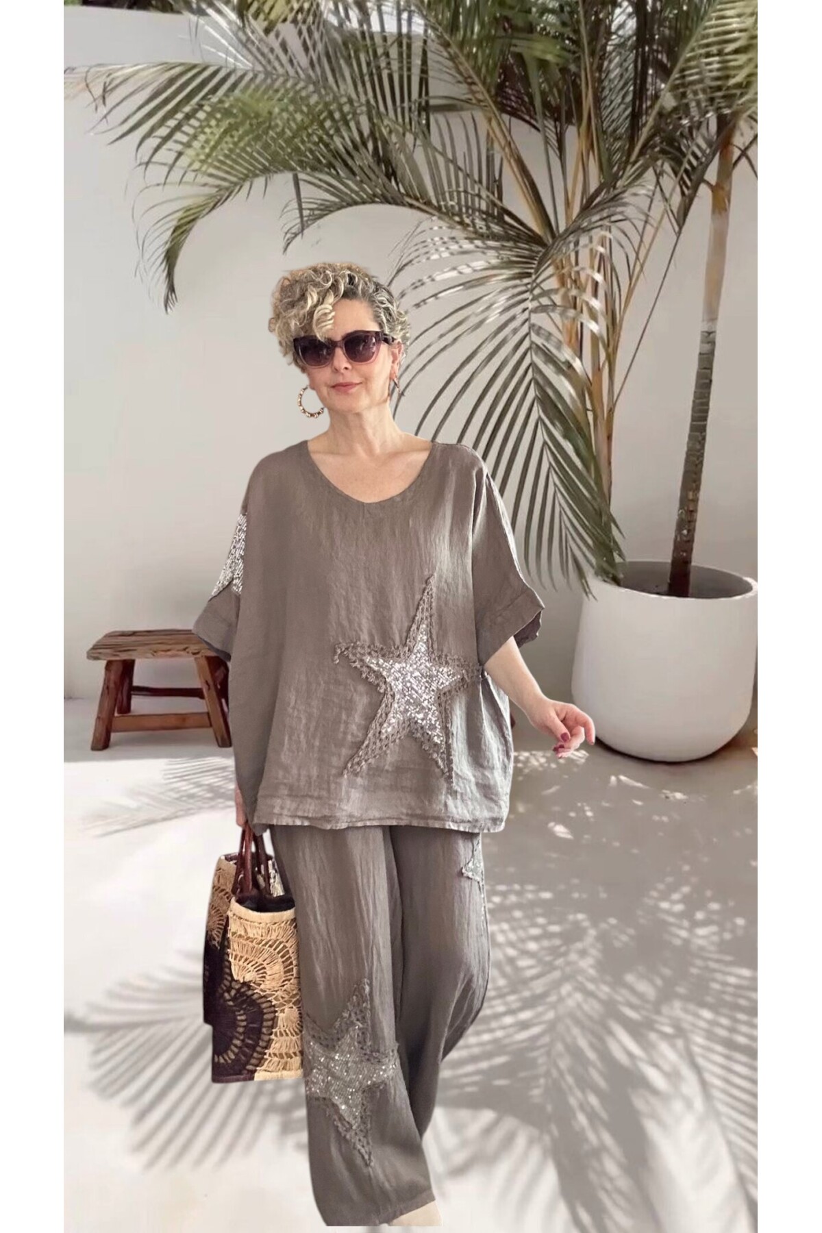 Dolce | Payet Yıldız Detaylı %100 Linen İkili Takım Fango