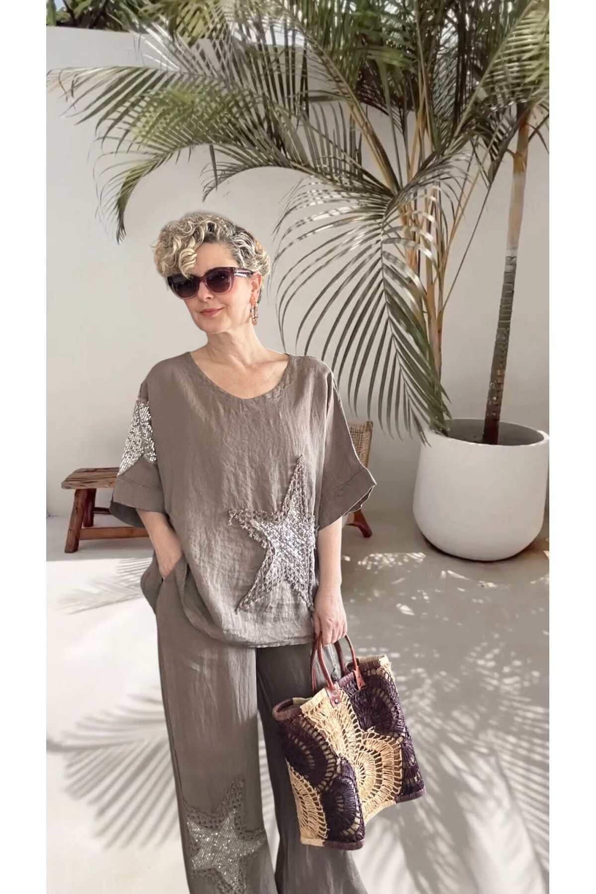 Dolce | Payet Yıldız Detaylı %100 Linen İkili Takım Fango