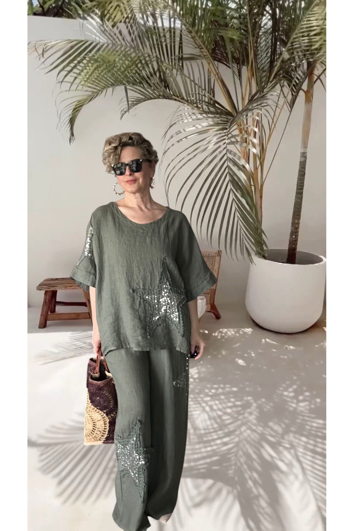 Dolce | Payet Yıldız Detaylı %100 Linen İkili Takım Military