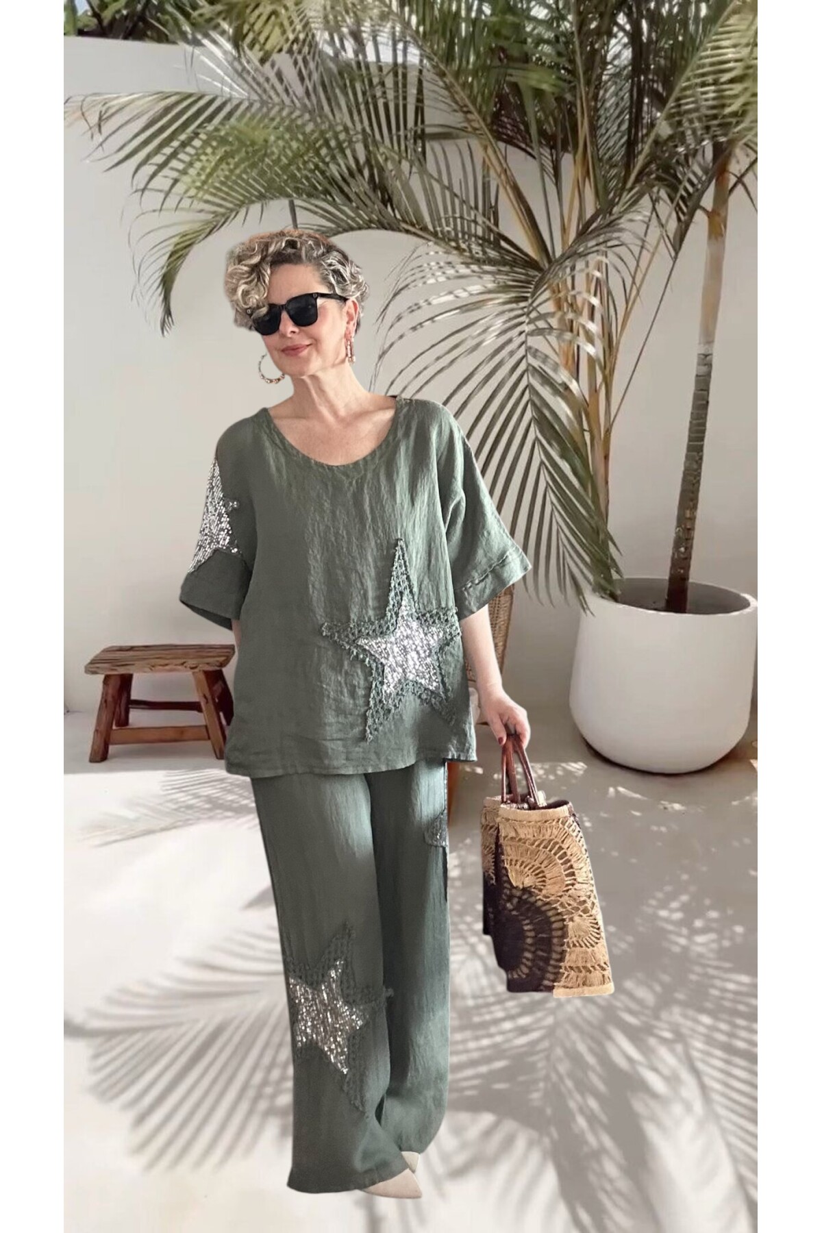 Dolce | Payet Yıldız Detaylı %100 Linen İkili Takım Military