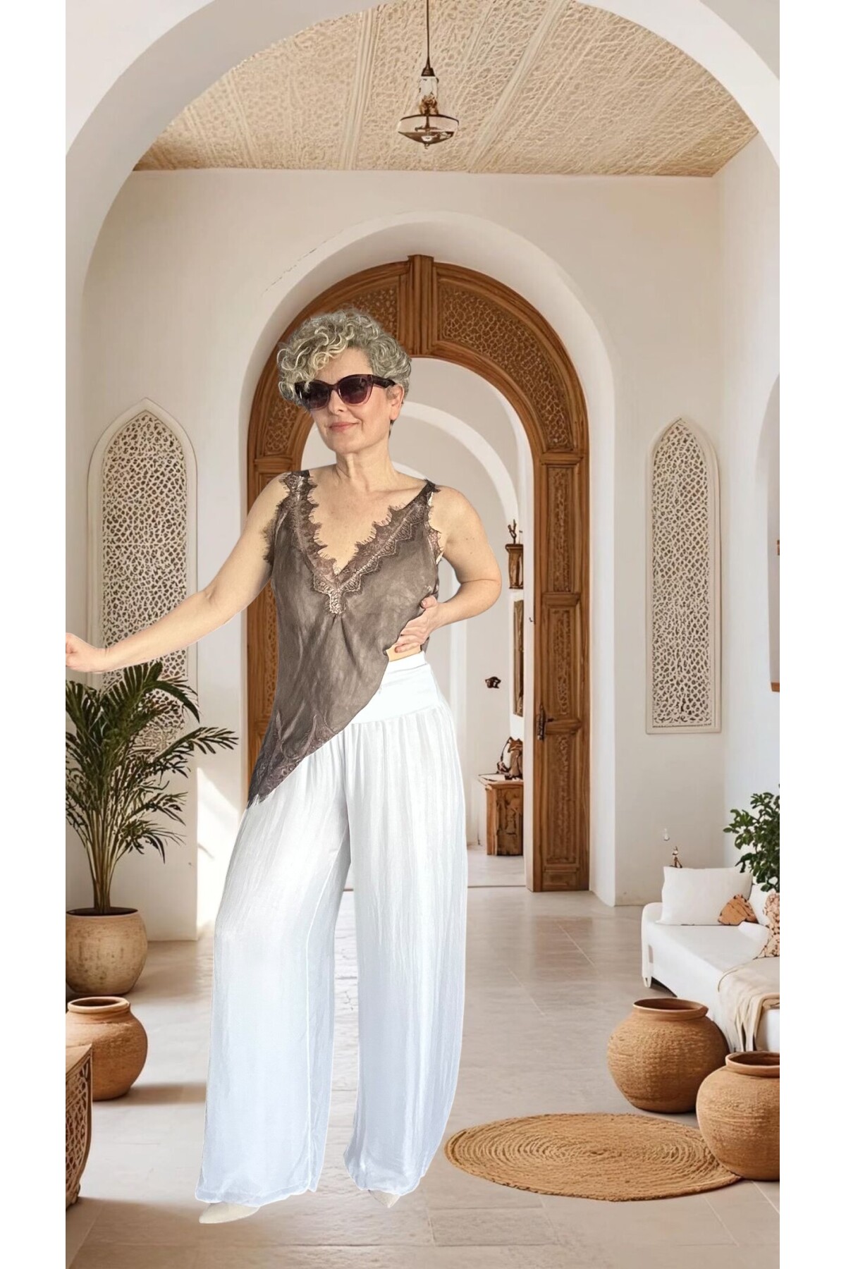 Dussi İtalyan Tasarım İpek Pantolon Beyaz