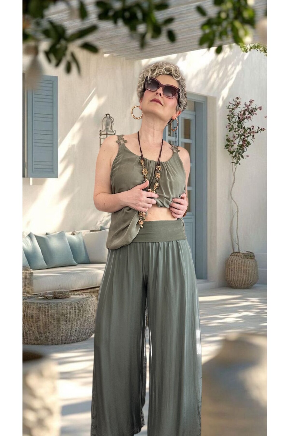 Dussi İtalyan Tasarım İpek Pantolon Military