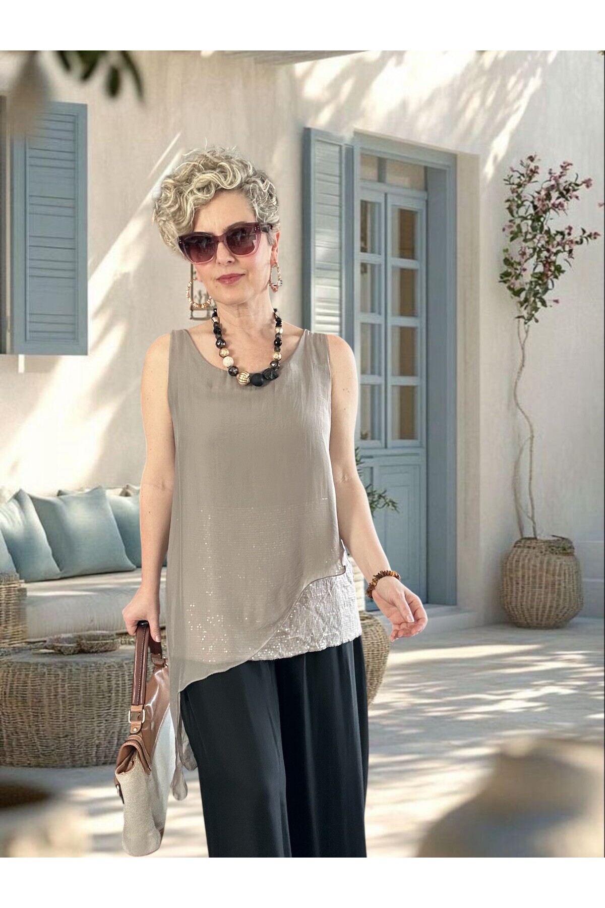 Eclissi İthal Asimetrik Kesim Pullu İpek Bluz Fango