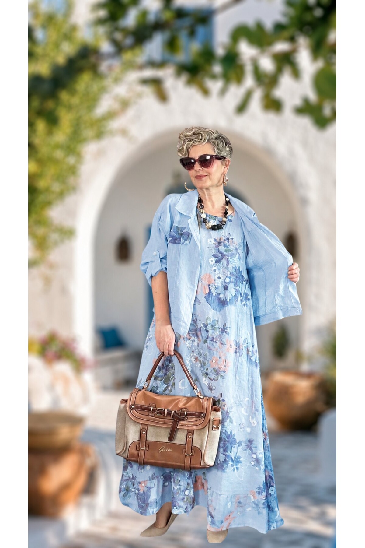 Esse İthal %100 Linen Ceket & Kolsuz Elbise Takımı Açık Mavi