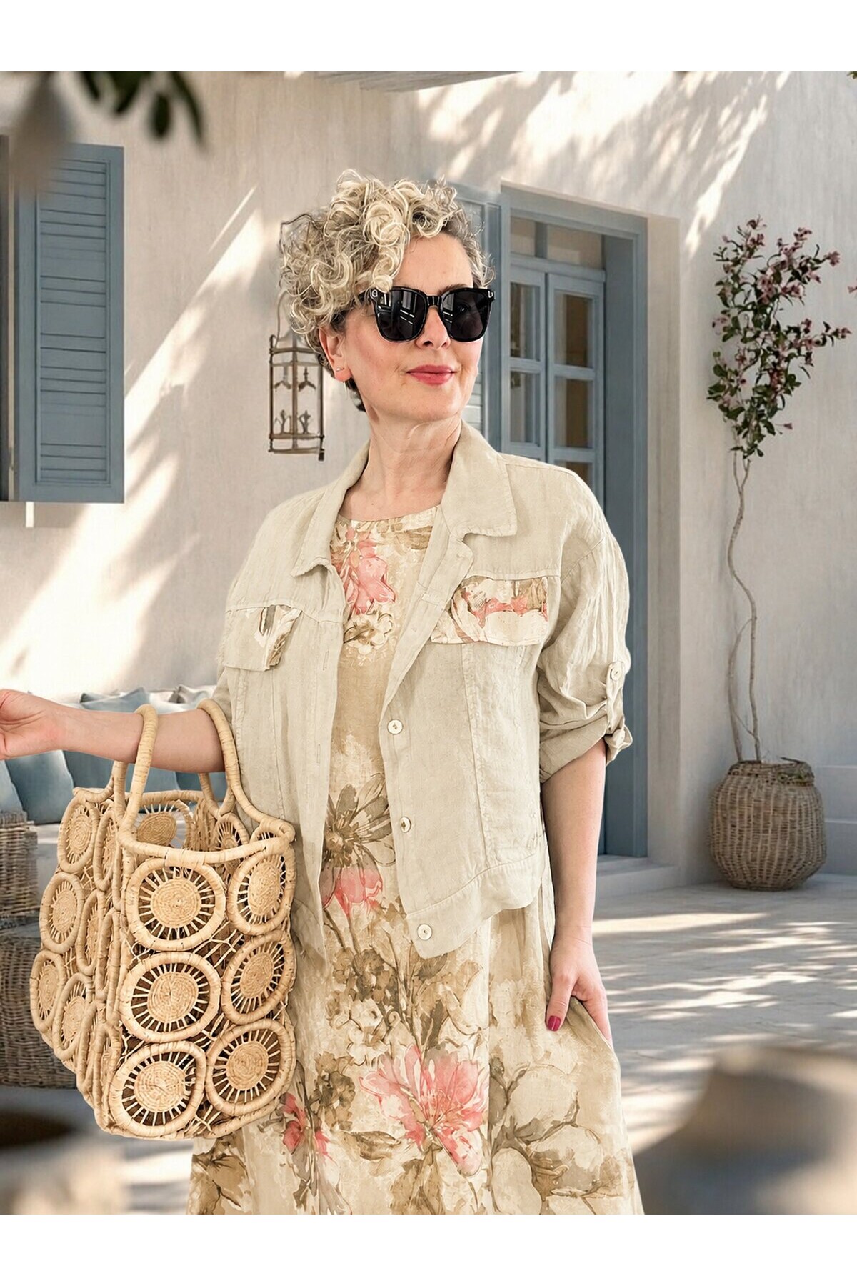 Esse İthal %100 Linen Ceket & Kolsuz Elbise Takımı Beige