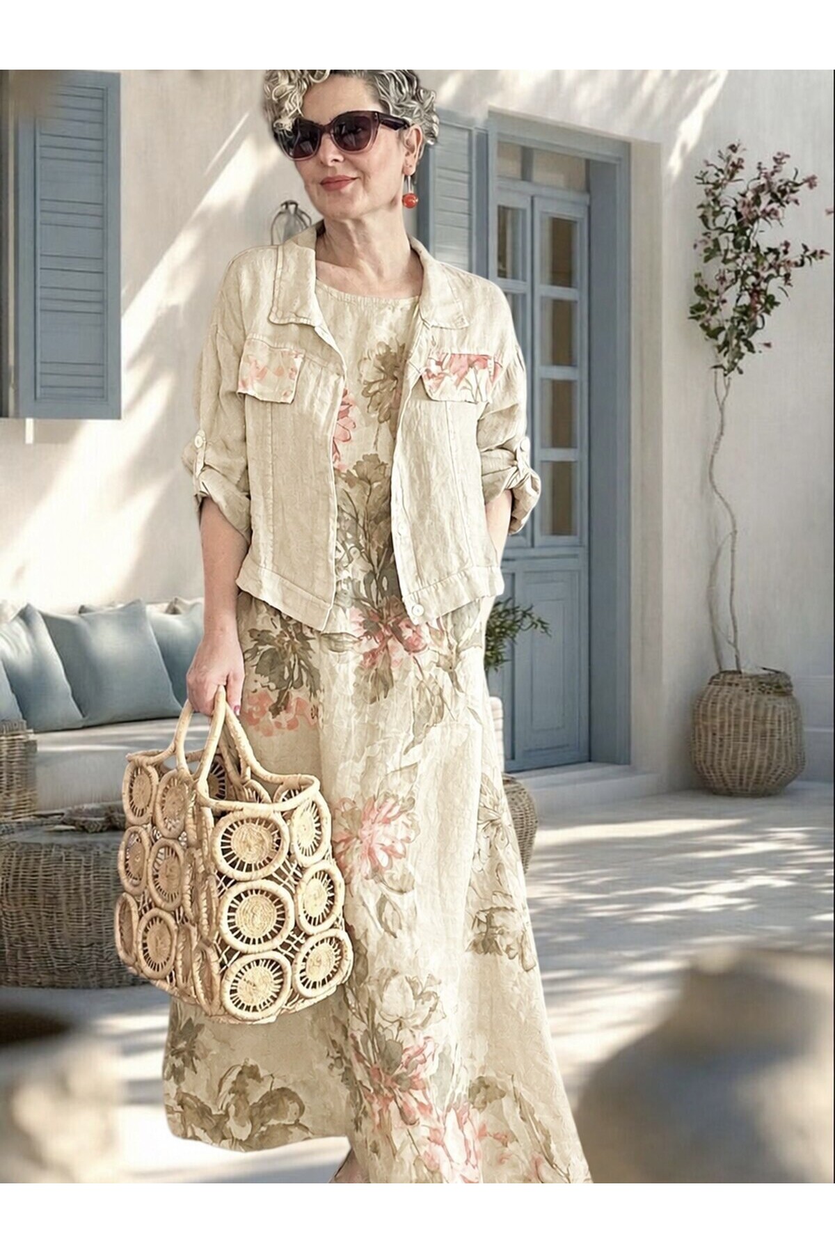 Esse İthal %100 Linen Ceket & Kolsuz Elbise Takımı Beige
