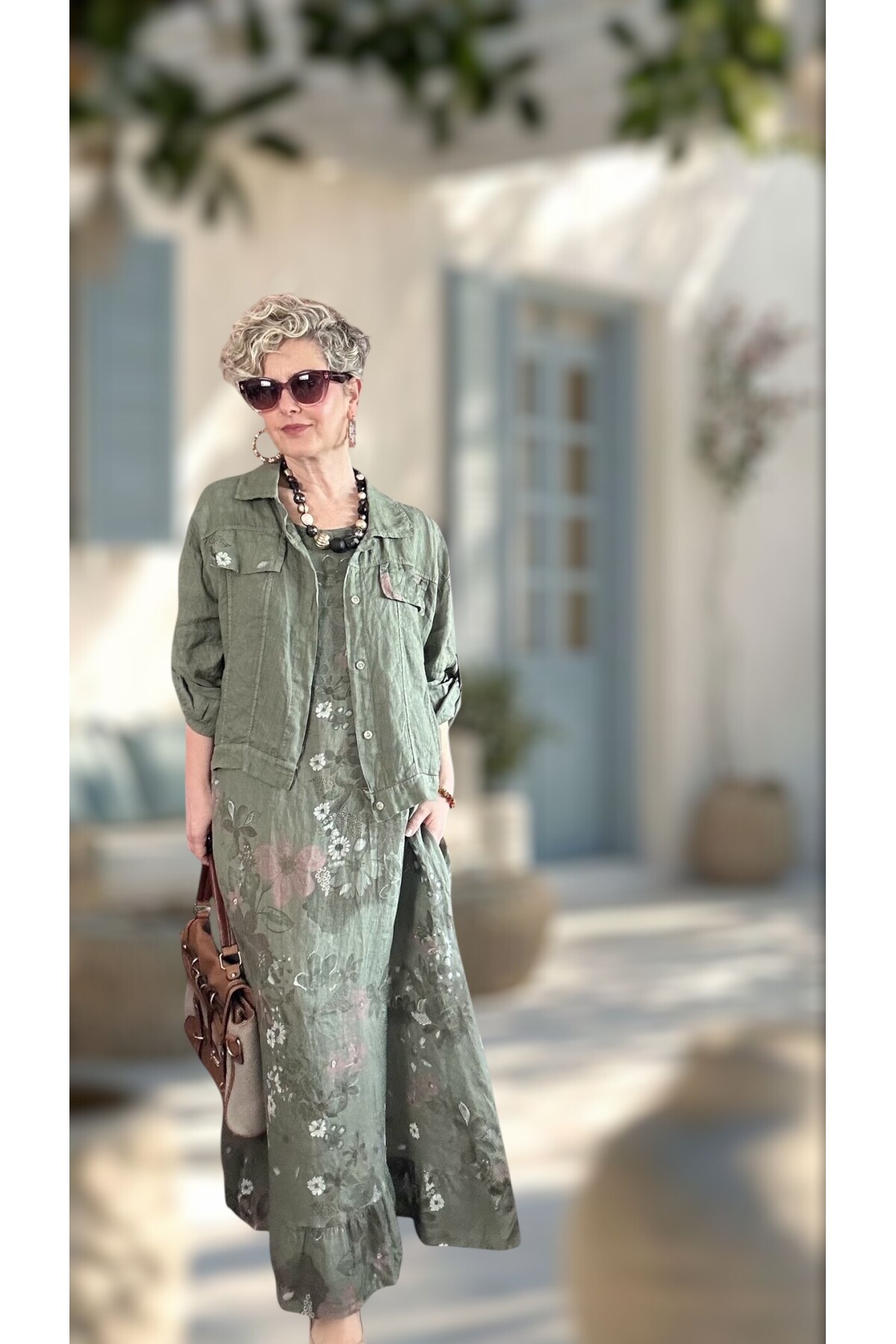 Esse İthal %100 Linen Ceket & Kolsuz Elbise Takımı Haki