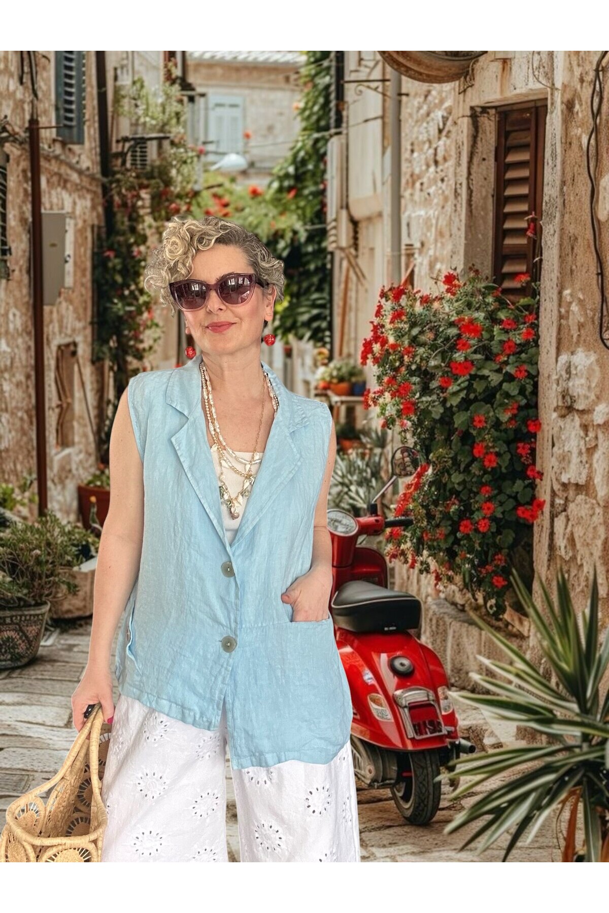 Estee %100 Linen Asimetrik Kesim Blazer Yelek Bebe Mavi