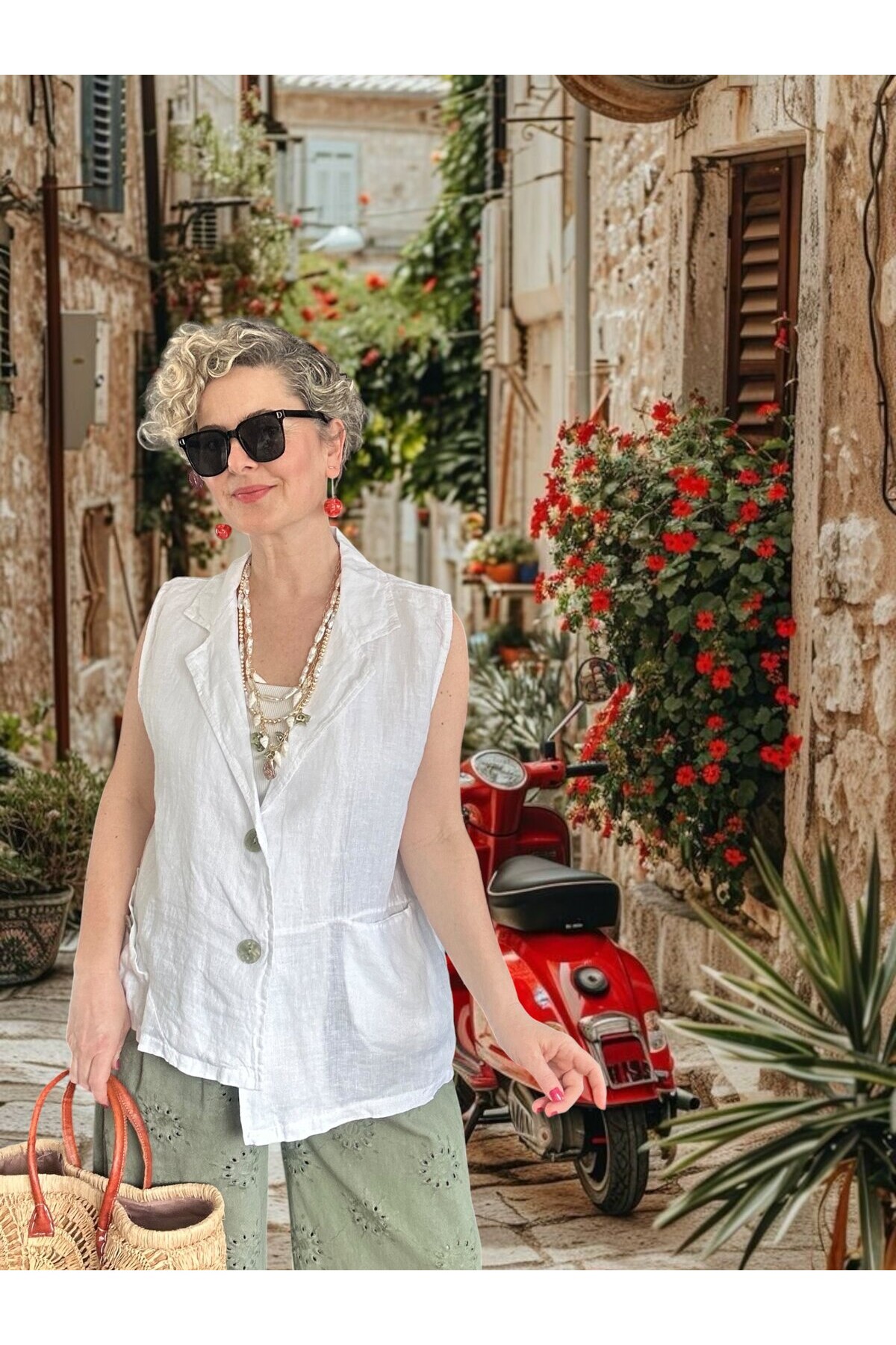 Estee %100 Linen Asimetrik Kesim Blazer Yelek Beyaz