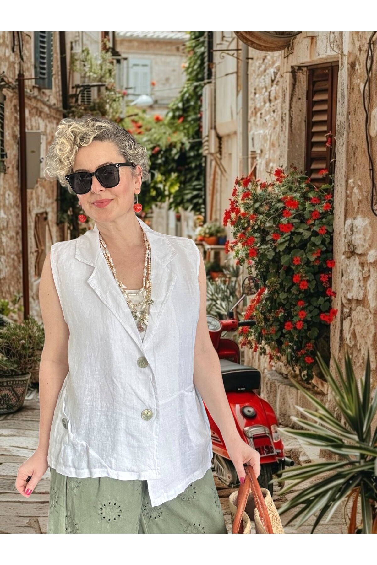 Estee %100 Linen Asimetrik Kesim Blazer Yelek Beyaz