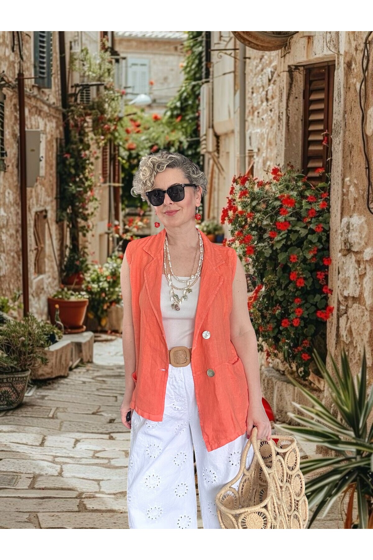 Estee %100 Linen Asimetrik Kesim Blazer Yelek Somon