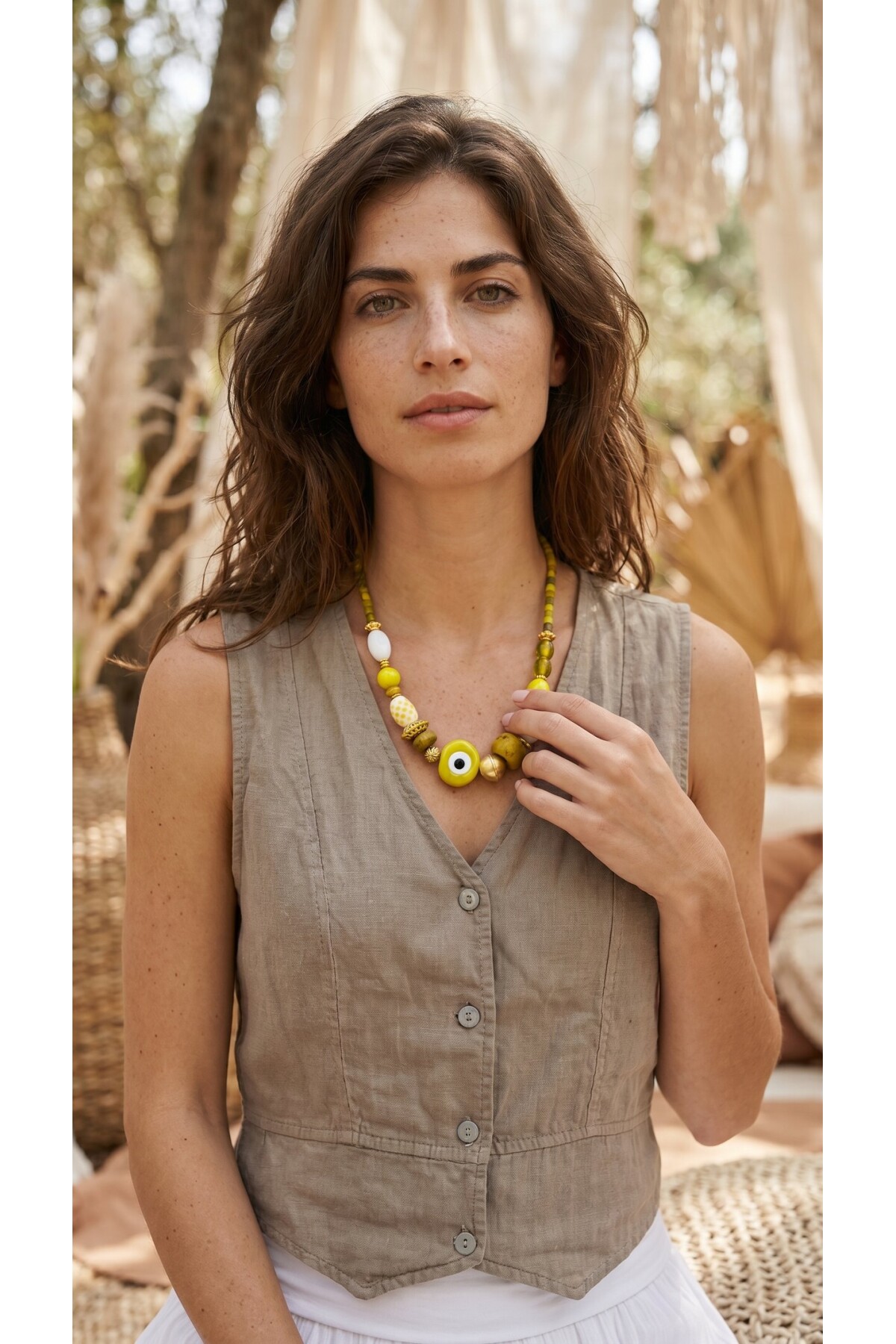 Eterna Pirinç Cam Etnik Kolye