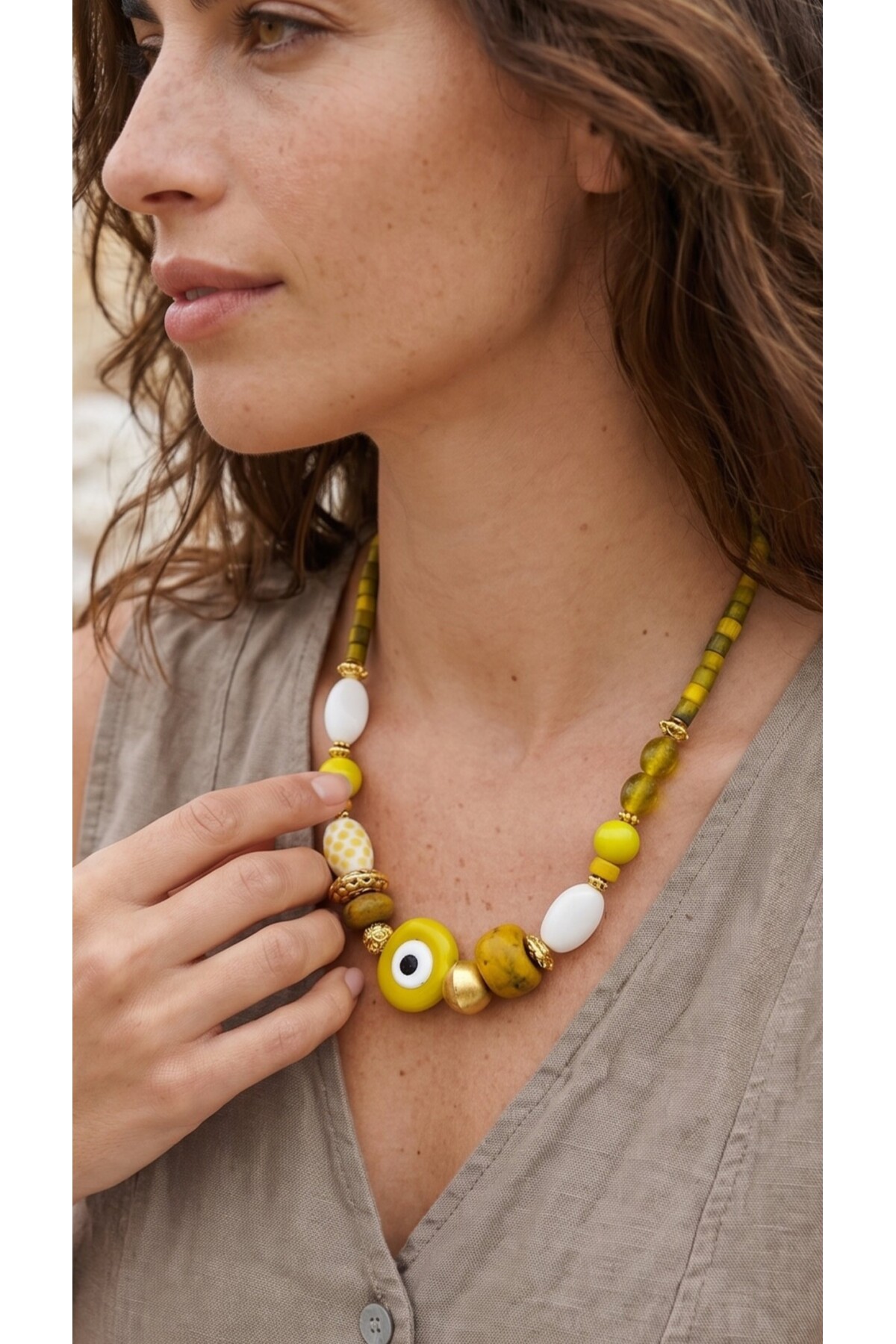 Eterna Pirinç Cam Etnik Kolye