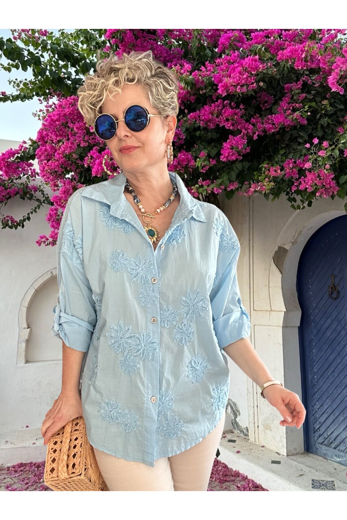 Eyyo İtalyan Dolgu Çiçek Desen Gömlek Bebe Mavi