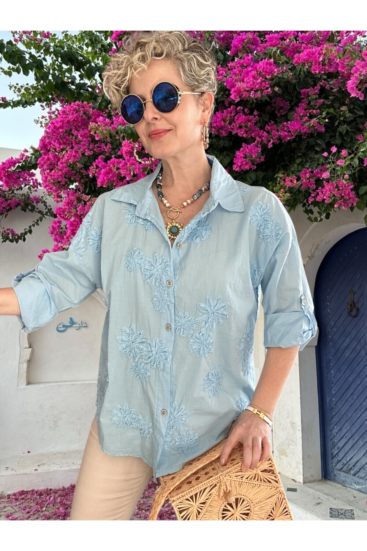 Eyyo İtalyan Dolgu Çiçek Desen Gömlek Bebe Mavi