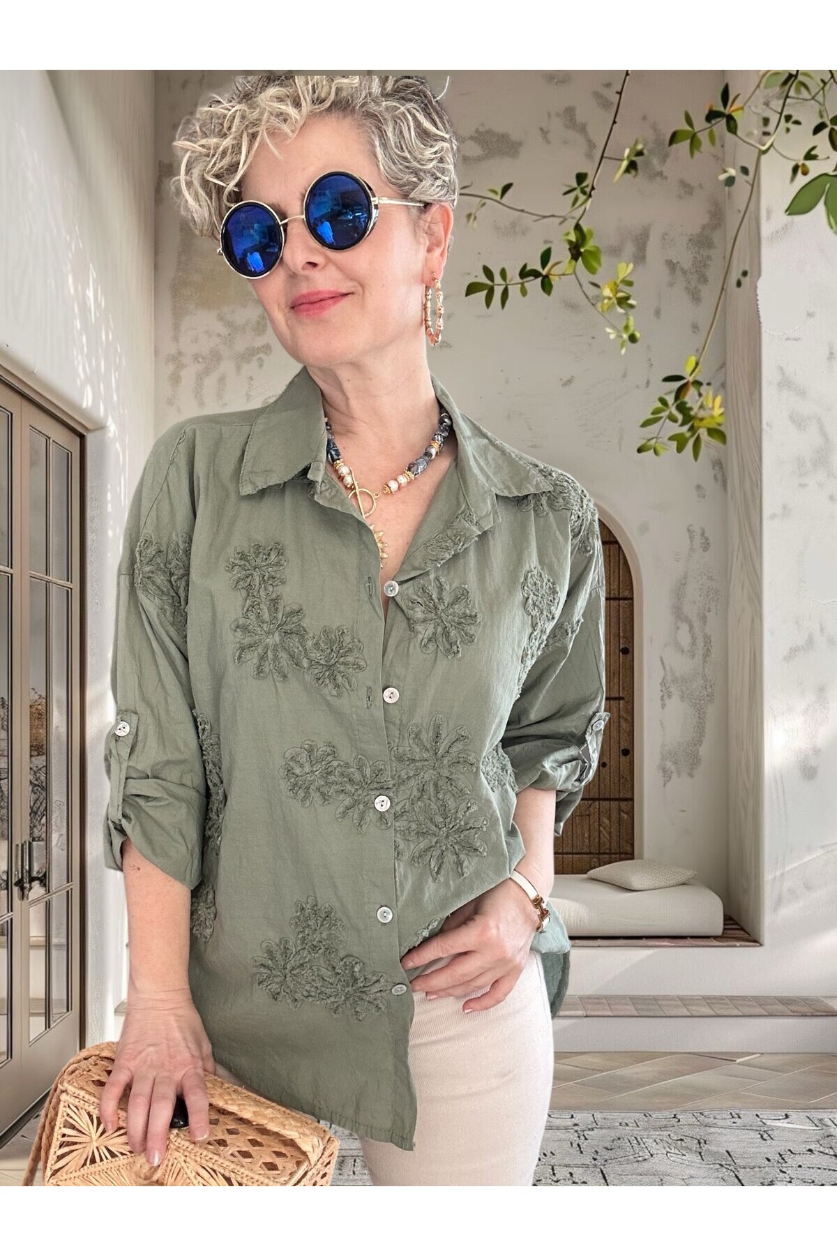 Eyyo İtalyan Dolgu Çiçek Desen Gömlek Haki Yeşil