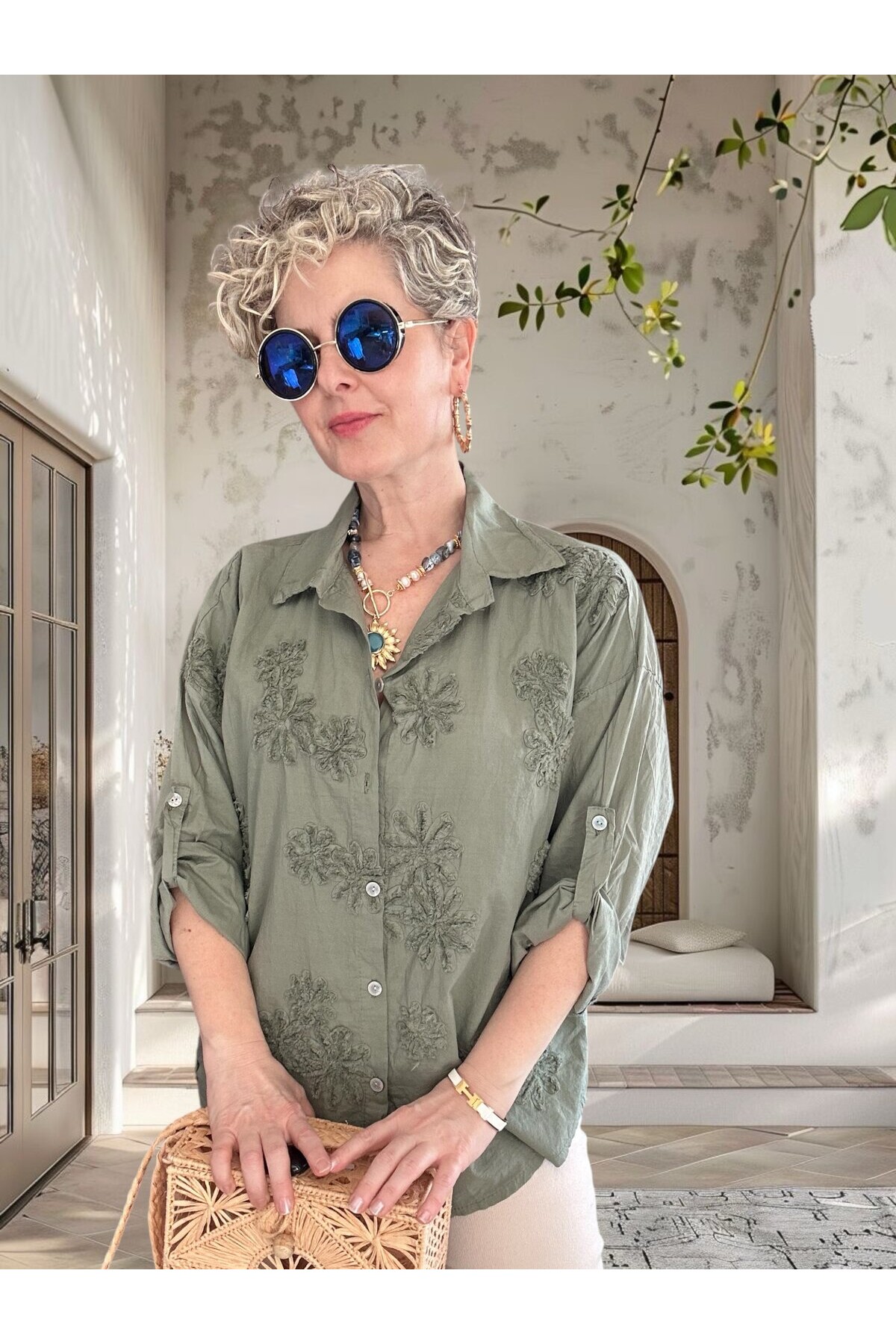 Eyyo İtalyan Dolgu Çiçek Desen Gömlek Haki Yeşil