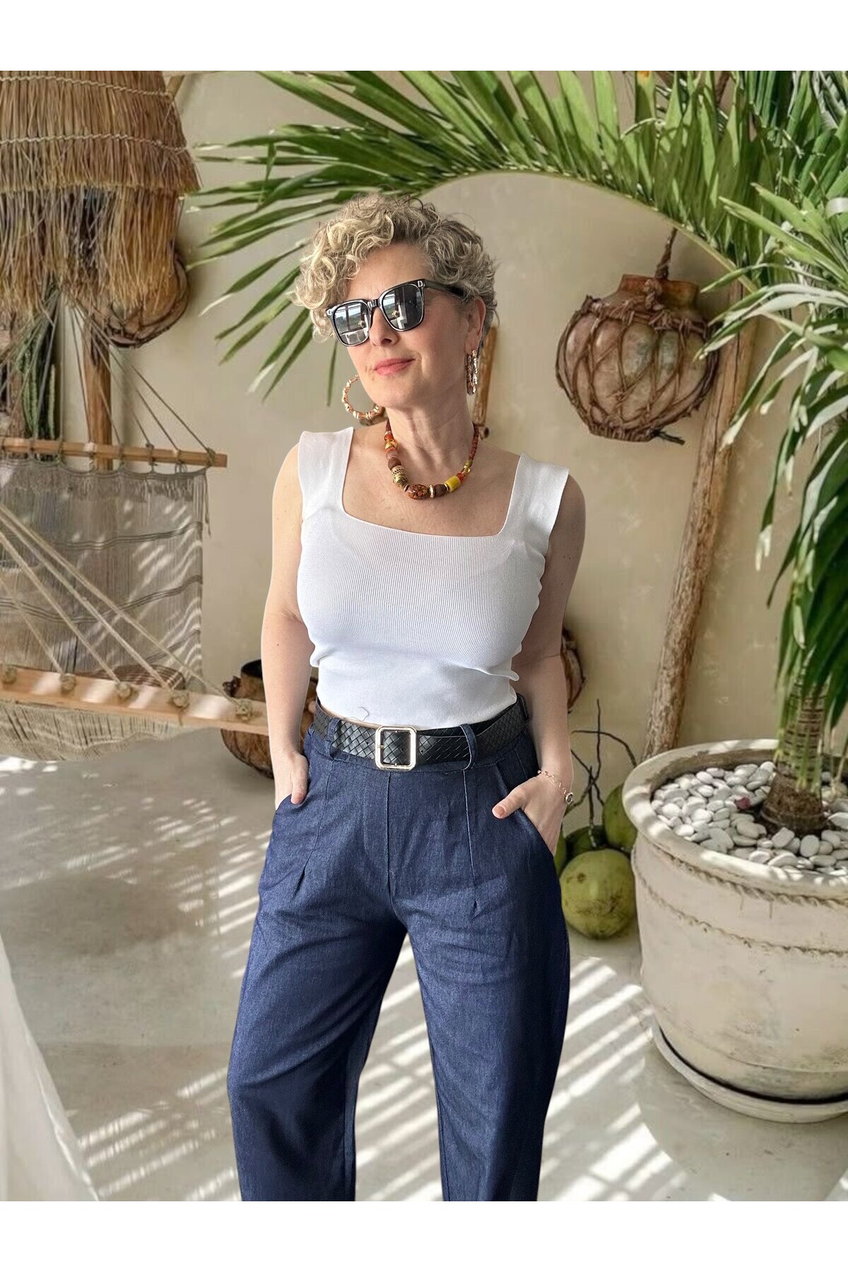 Facci İthal Kemer Detaylı Yüksek Bel Kot Pantolon Lacivert