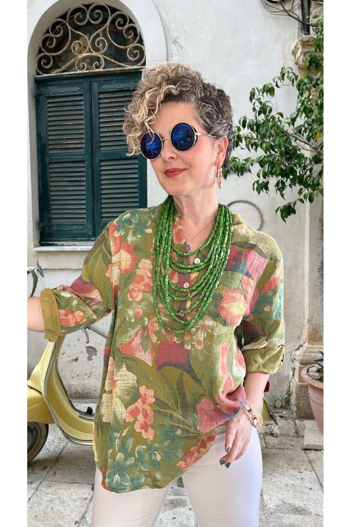 Felli Zambak Desen Desenli İtalyan Gömlek Yağ Yeşil