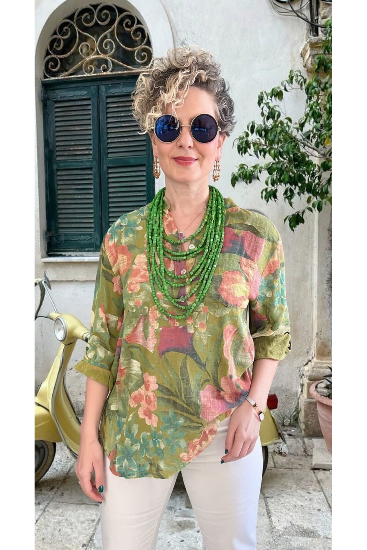 Felli Zambak Desen Desenli İtalyan Gömlek Yağ Yeşil