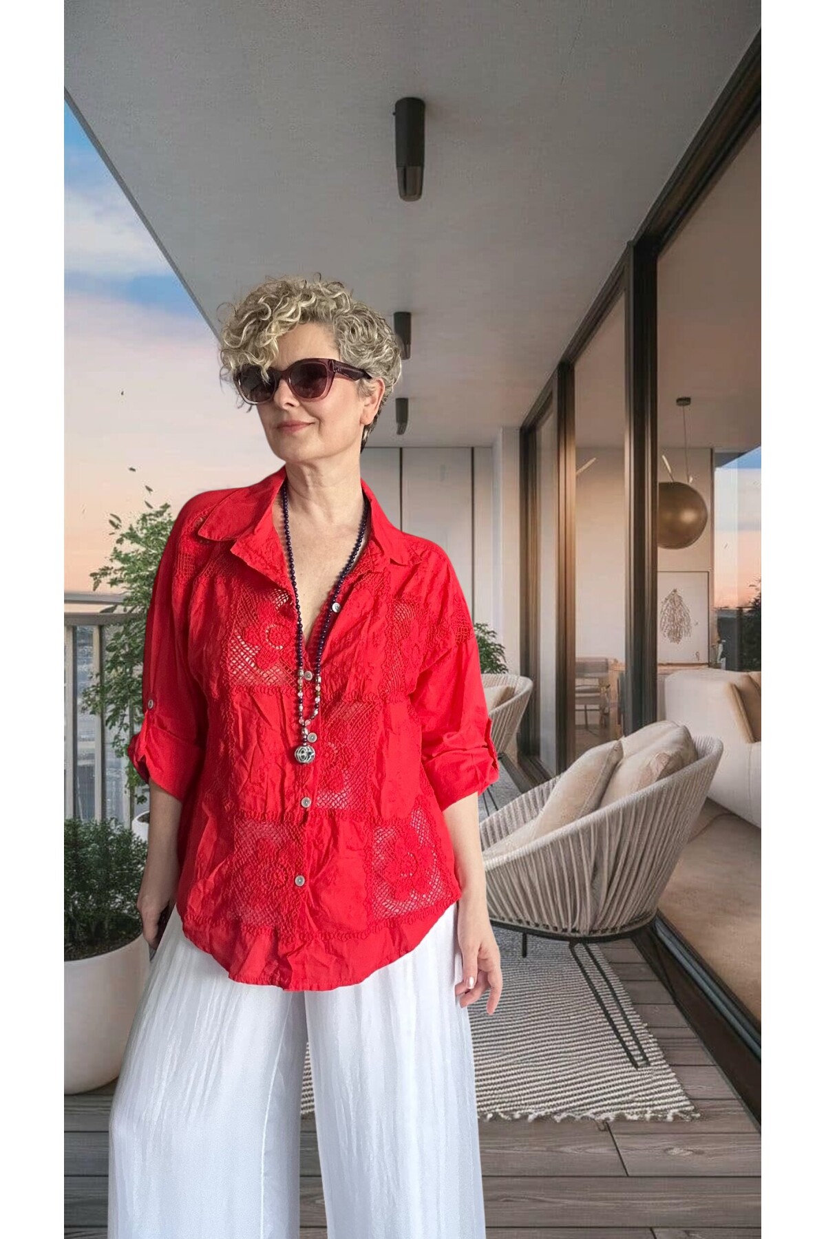 Ferru İtalyan Fisto Kare Çiçek Desen Gömlek Kırmızı