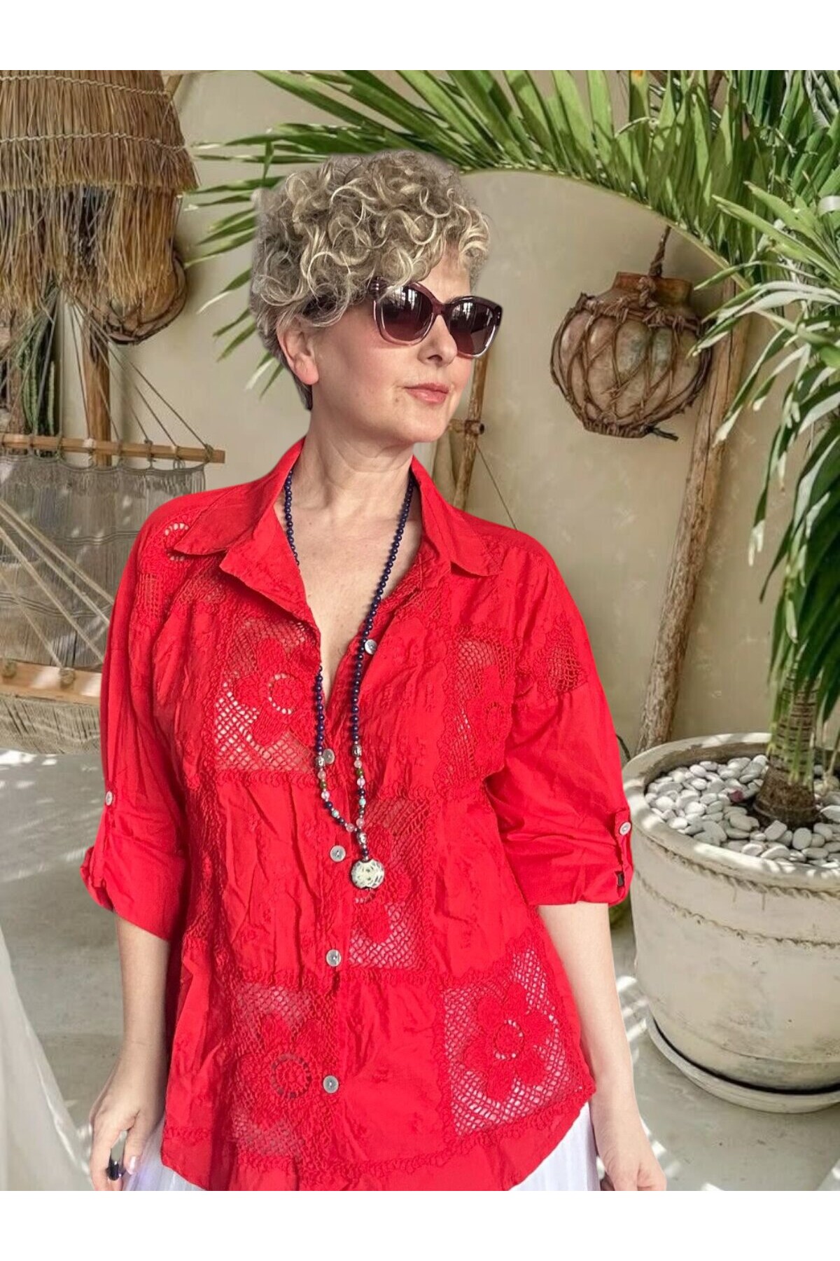 Ferru İtalyan Fisto Kare Çiçek Desen Gömlek Kırmızı